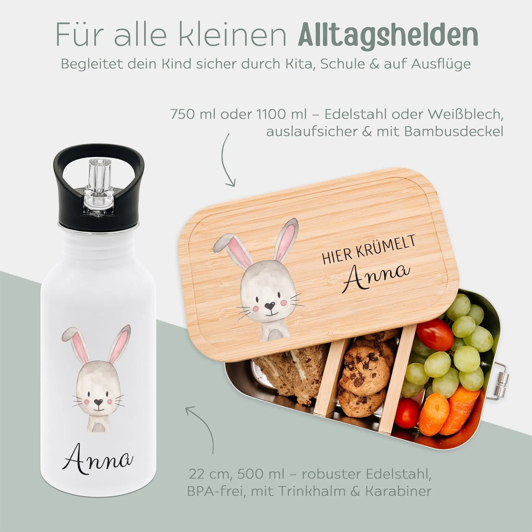 Kita - / Schul - Start Bundle - Brotdose + Kinder Trinkflasche weiß personalisiert - Tier Aquarell - wunderwunsch