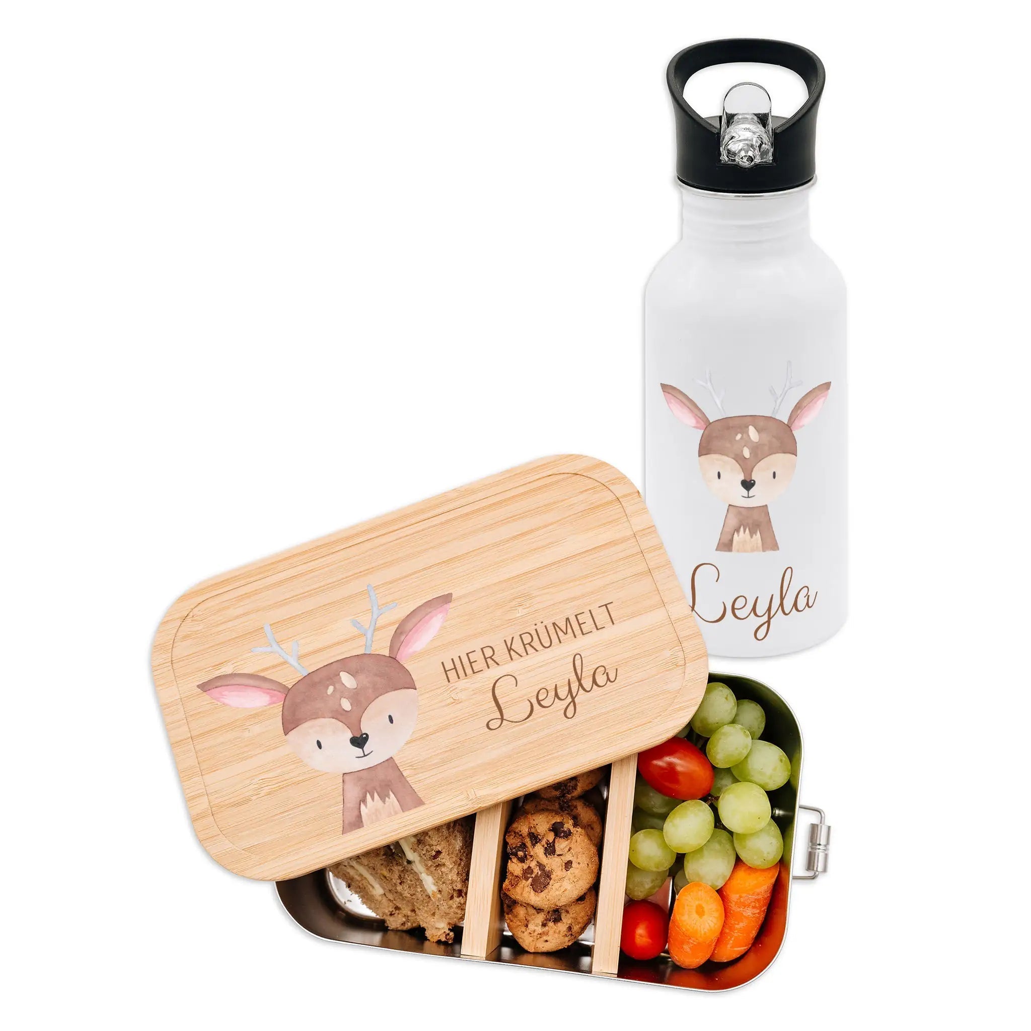Kita - / Schul - Start Bundle - Brotdose + Kinder Trinkflasche weiß personalisiert - Tier Aquarell - wunderwunsch