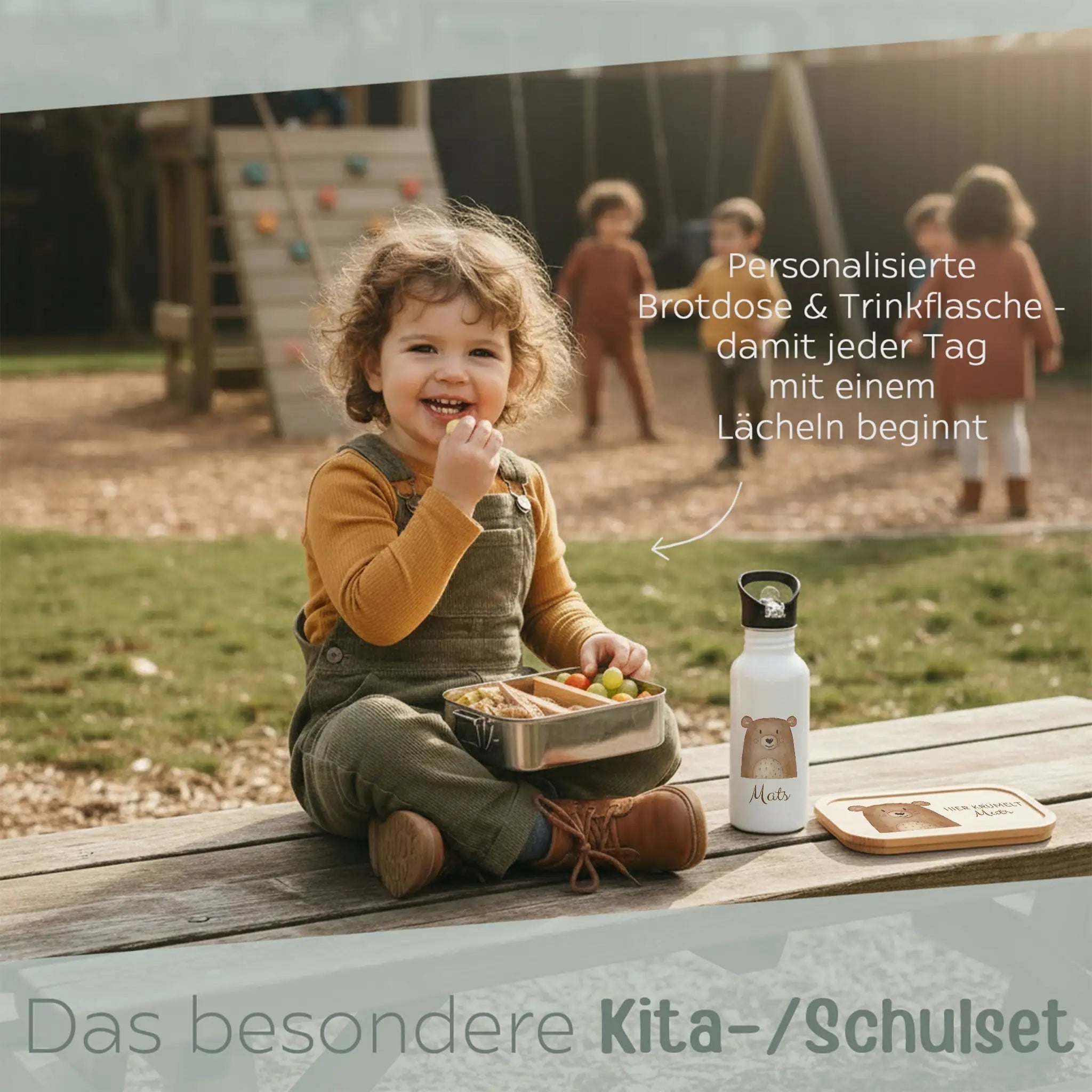 Kita - / Schul - Start Bundle - Brotdose + Kinder Trinkflasche weiß personalisiert - Tier Aquarell - wunderwunsch
