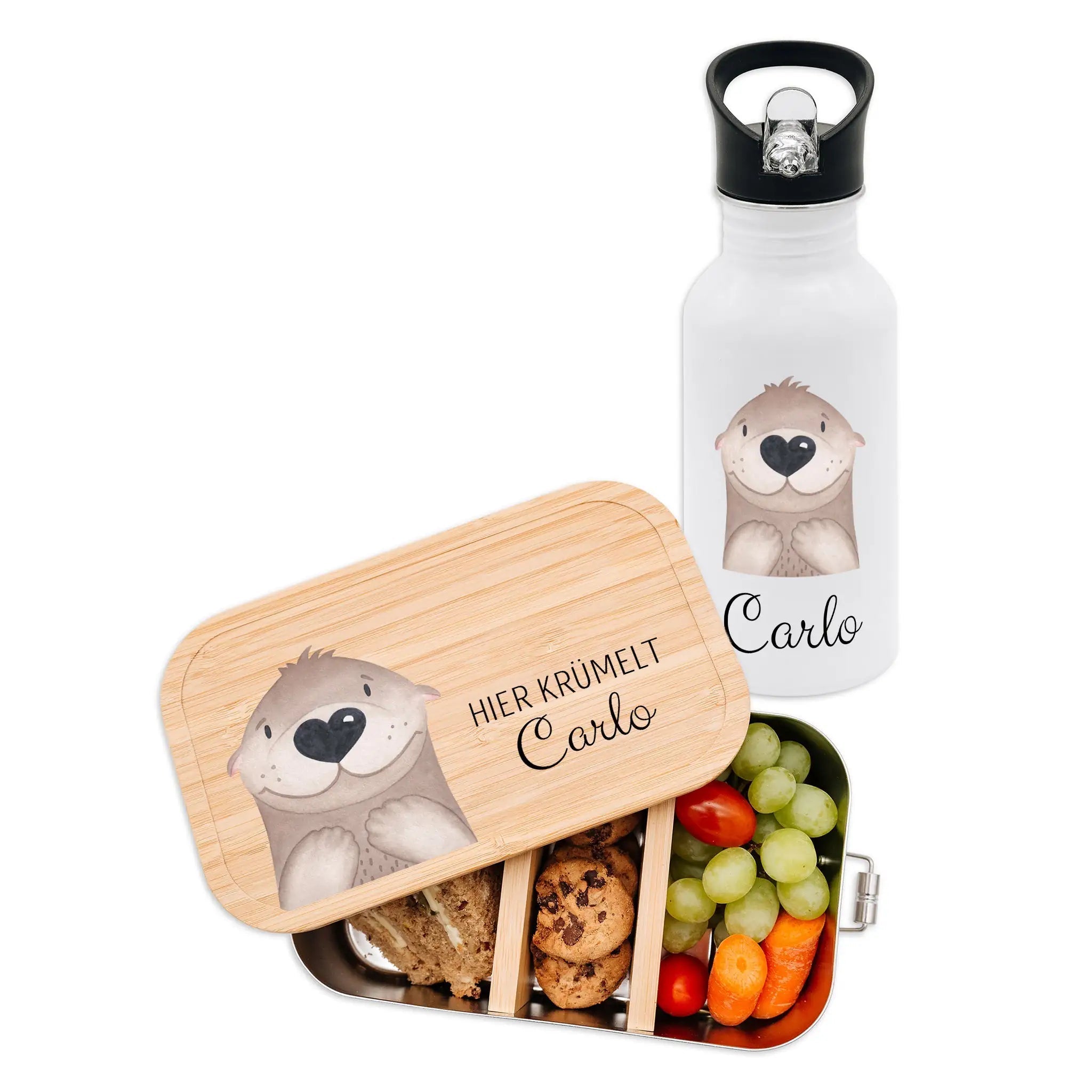 Kita - / Schul - Start Bundle - Brotdose + Kinder Trinkflasche weiß personalisiert - Tier Aquarell - wunderwunsch