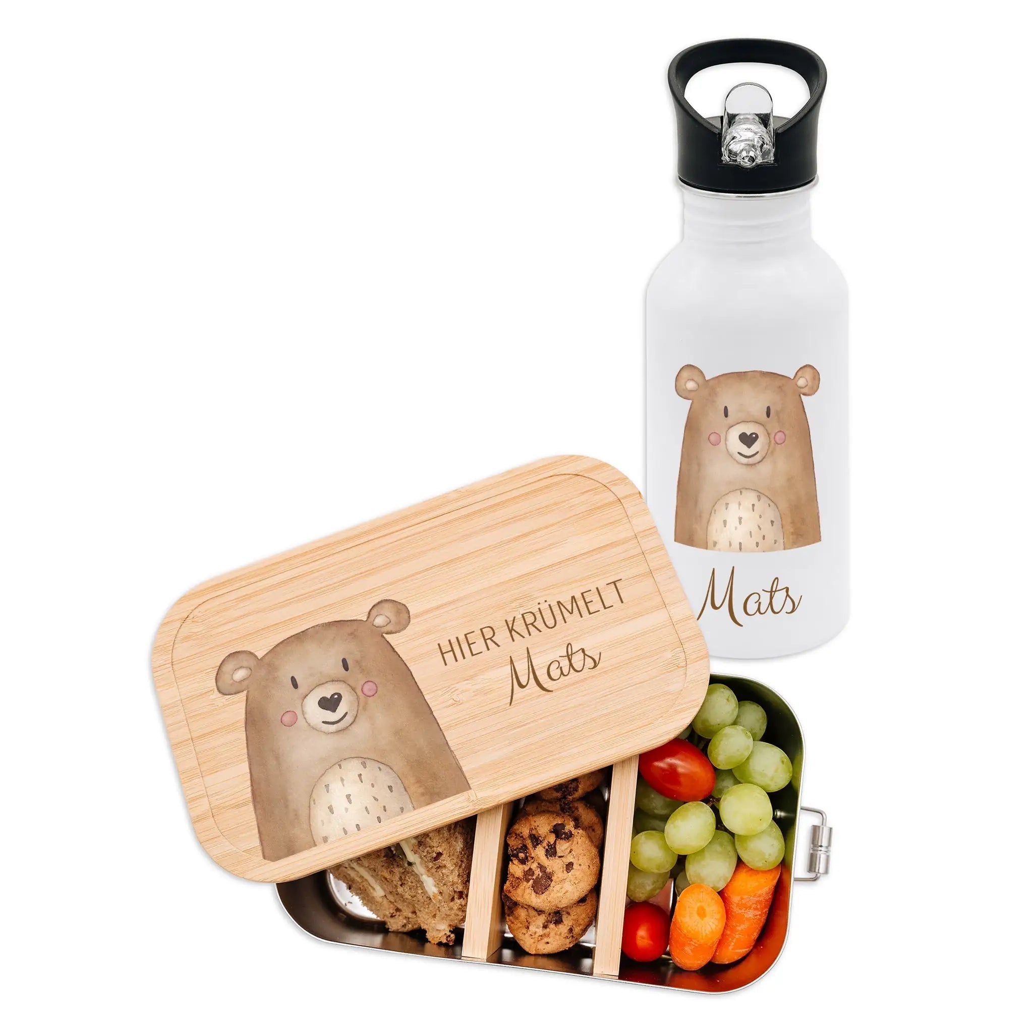 Kita - / Schul - Start Bundle - Brotdose + Kinder Trinkflasche weiß personalisiert - Tier Aquarell - wunderwunsch