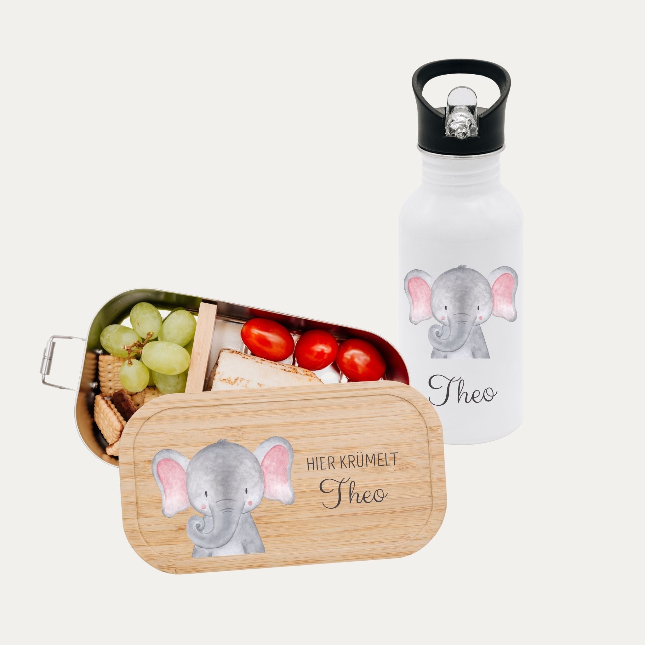Kita - / Schul - Start Bundle - Brotdose + Kinder Trinkflasche weiß personalisiert - Tier Aquarell - wunderwunsch
