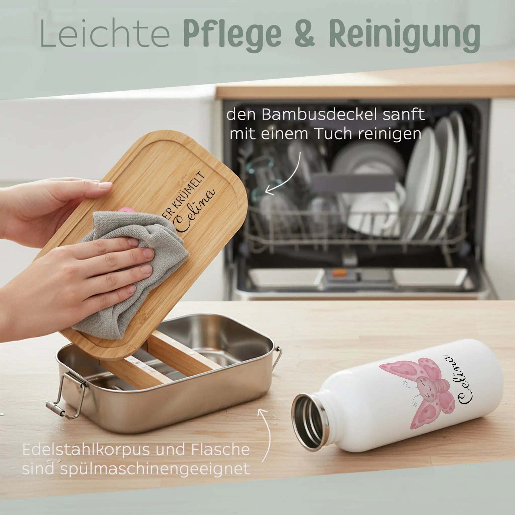 Kita - / Schul - Start Bundle - Brotdose + Kinder Trinkflasche weiß personalisiert - Tier Aquarell - wunderwunsch