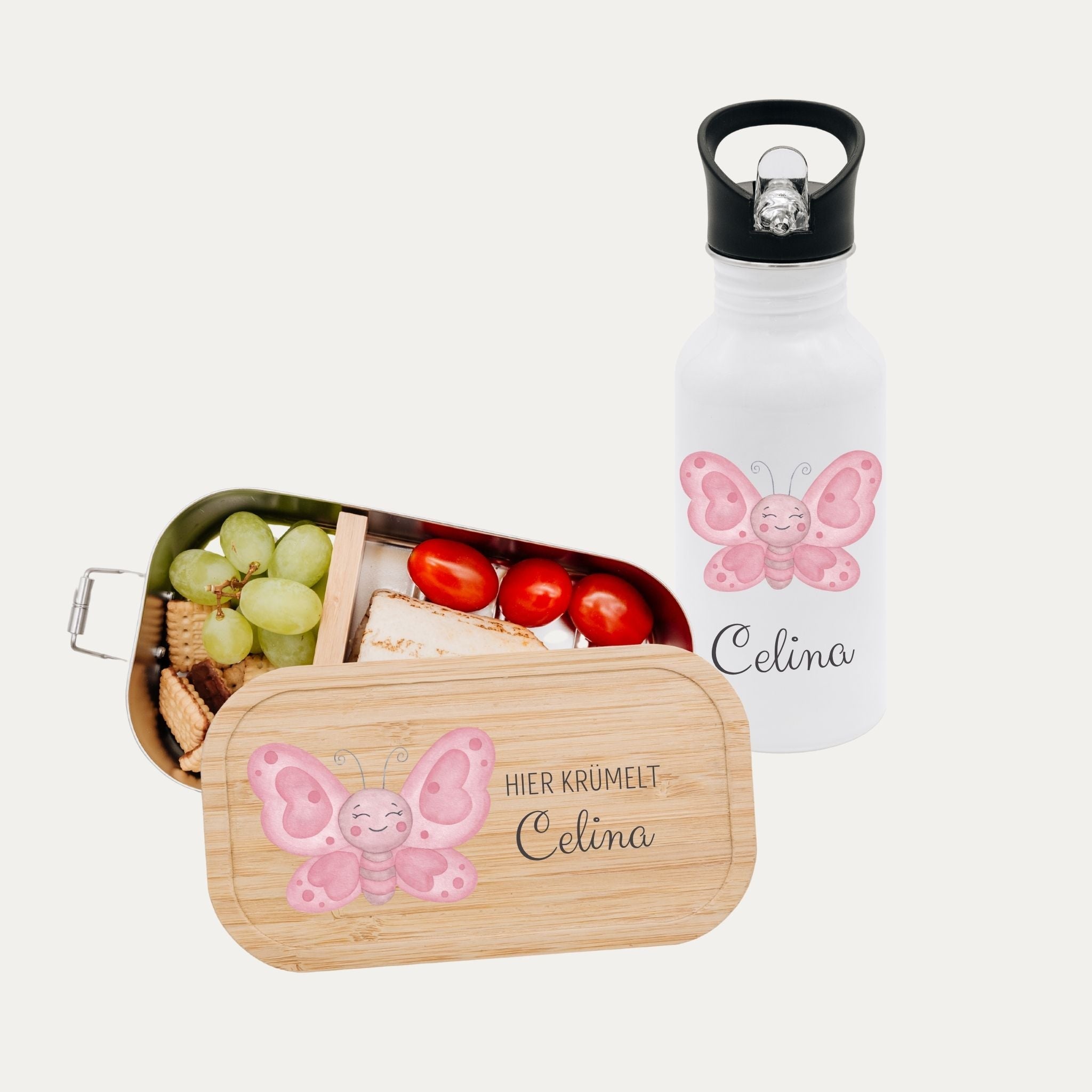 Kita - / Schul - Start Bundle - Brotdose + Kinder Trinkflasche weiß personalisiert - Tier Aquarell - wunderwunsch