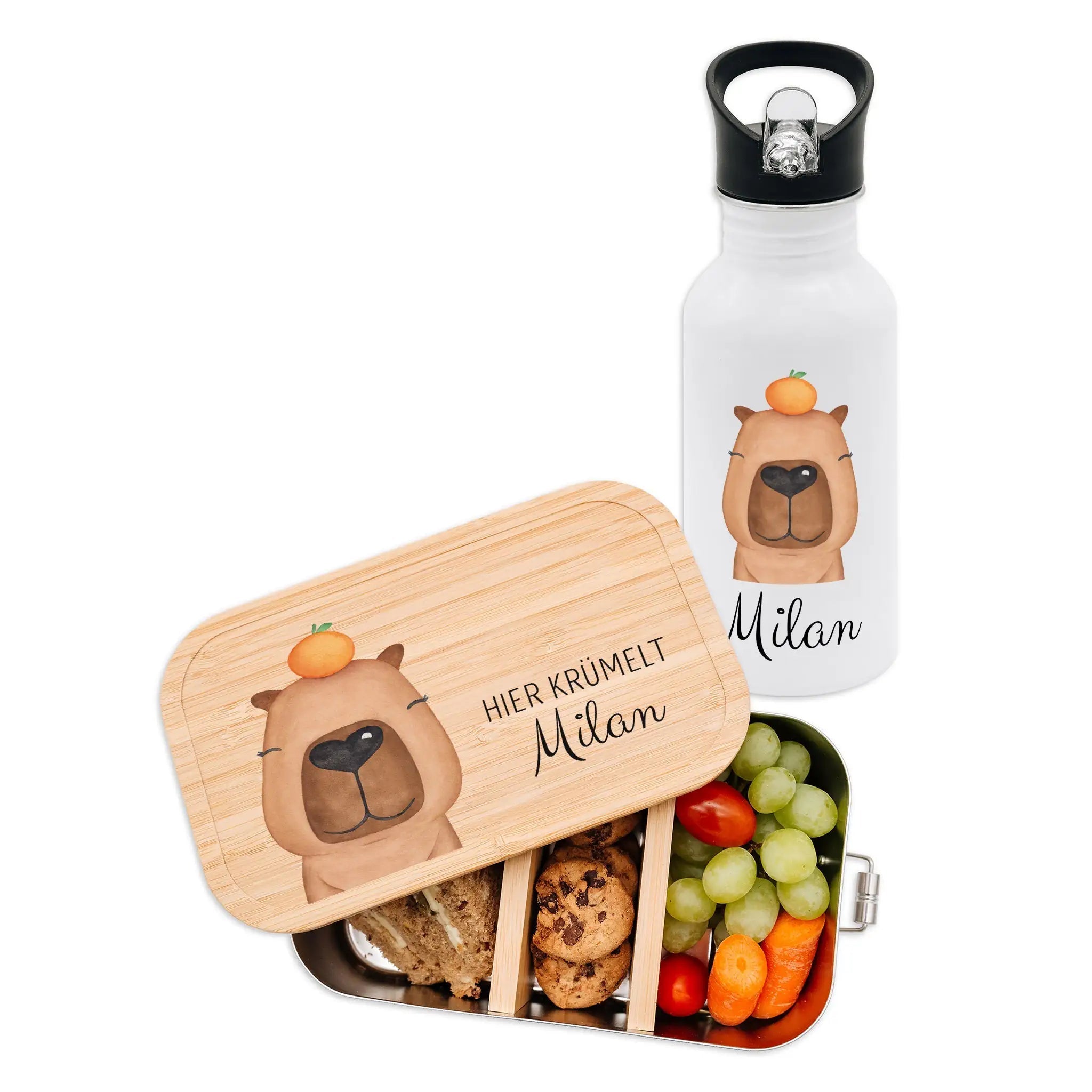 Kita - / Schul - Start Bundle - Brotdose + Kinder Trinkflasche weiß personalisiert - Tier Aquarell - wunderwunsch