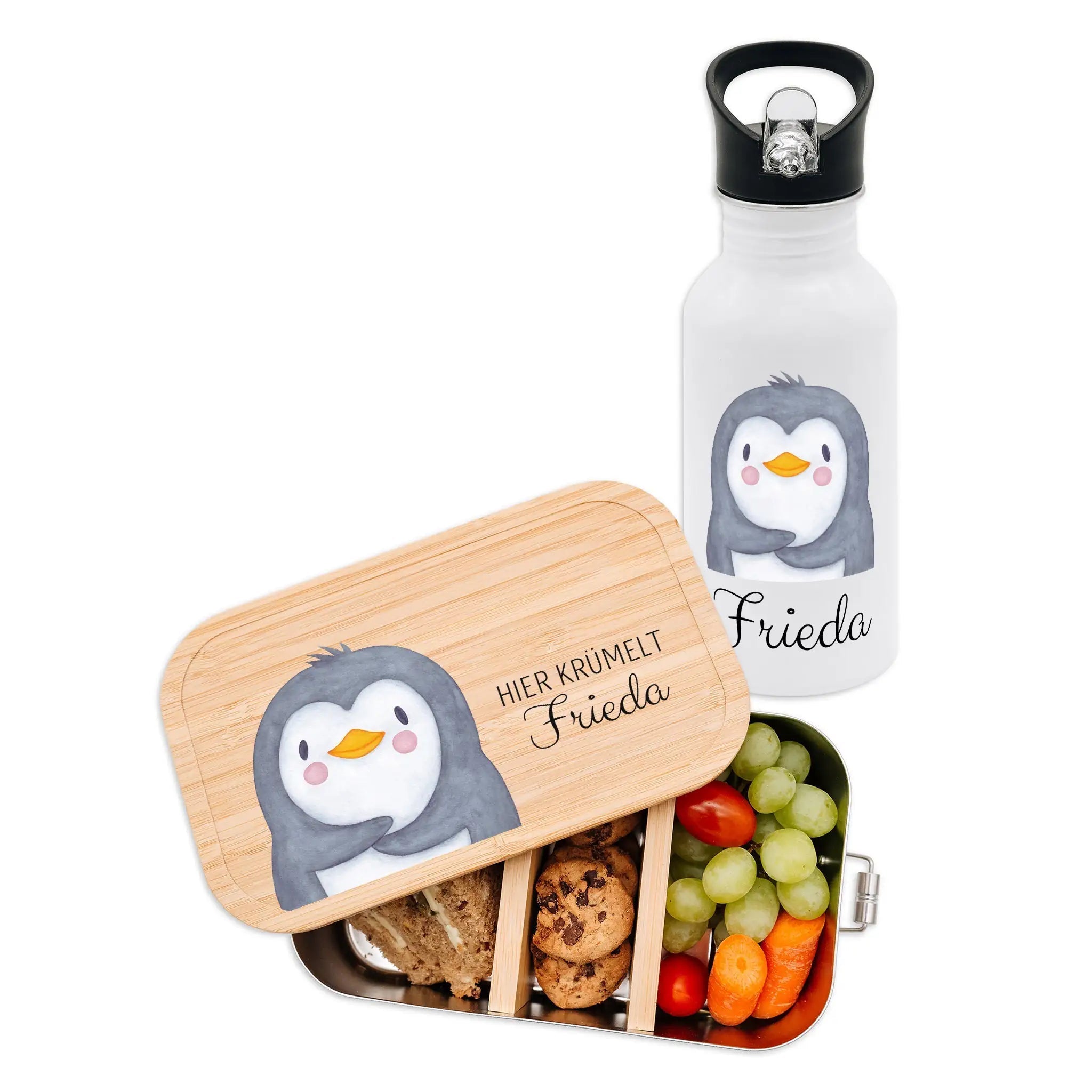 Kita - / Schul - Start Bundle - Brotdose + Kinder Trinkflasche weiß personalisiert - Tier Aquarell - wunderwunsch