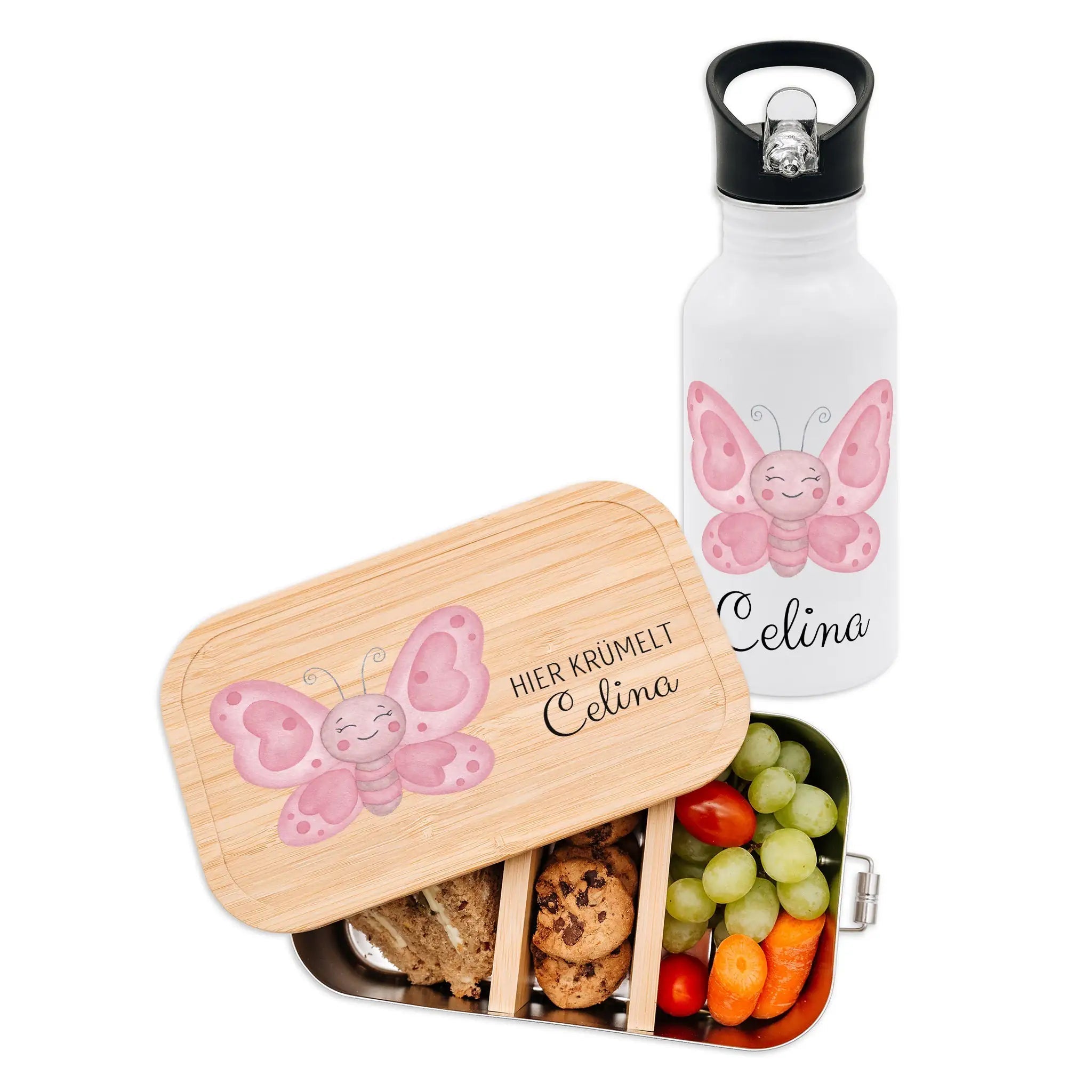 Kita - / Schul - Start Bundle - Brotdose + Kinder Trinkflasche weiß personalisiert - Tier Aquarell - wunderwunsch