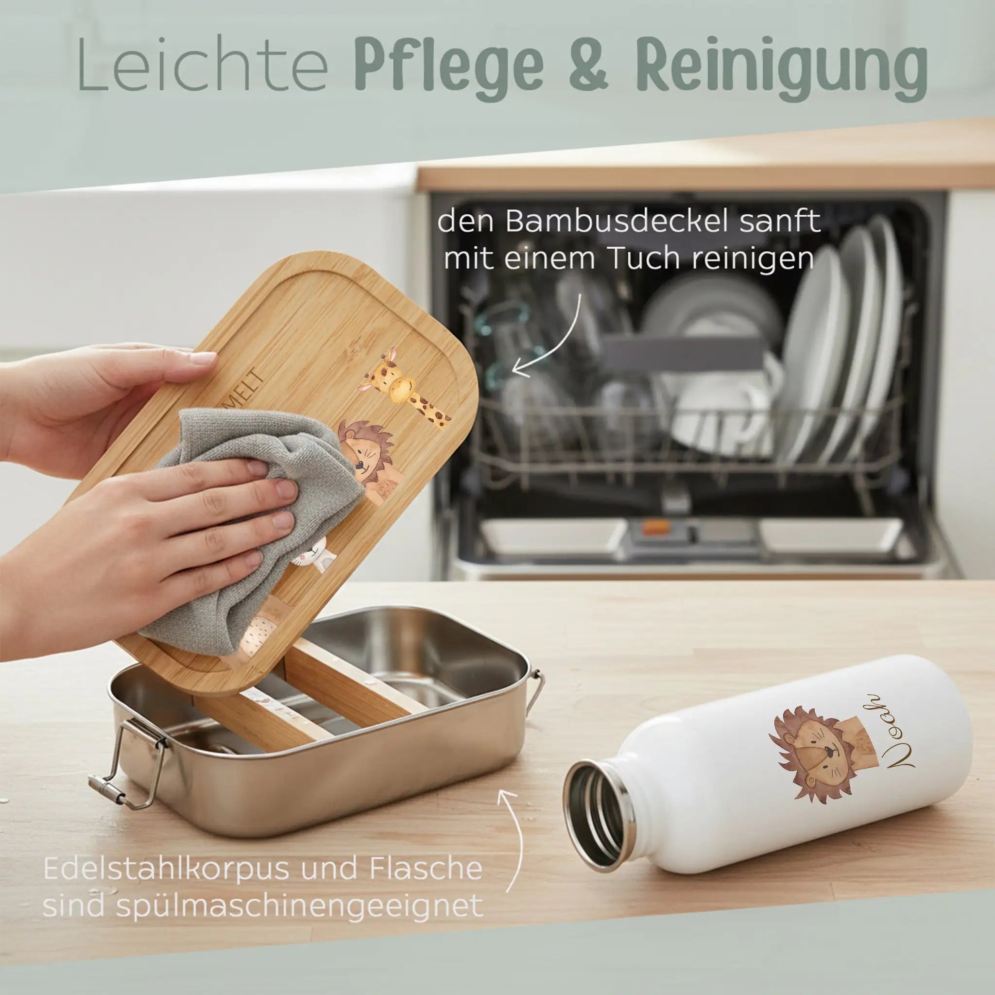Kita - / Schul - Start Bundle - Brotdose + Kinder Trinkflasche weiß personalisiert - Tiere unten Aquarell - wunderwunsch