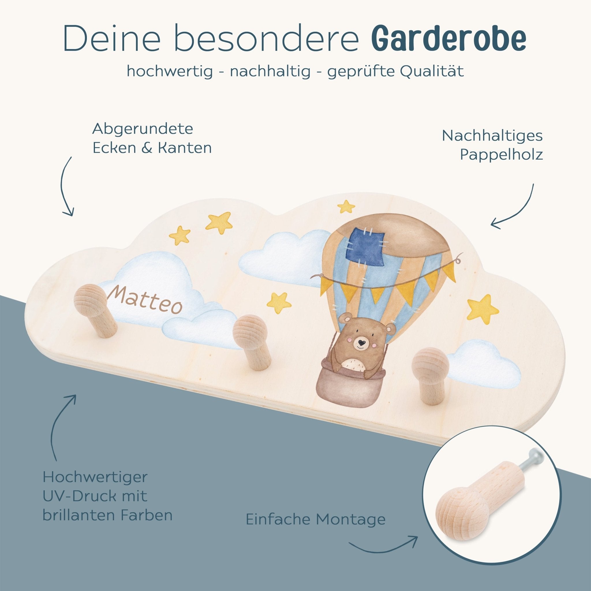Kleidergarderobe für Kinder personalisiert - Tier im Ballon Aquarell - wunderwunsch
