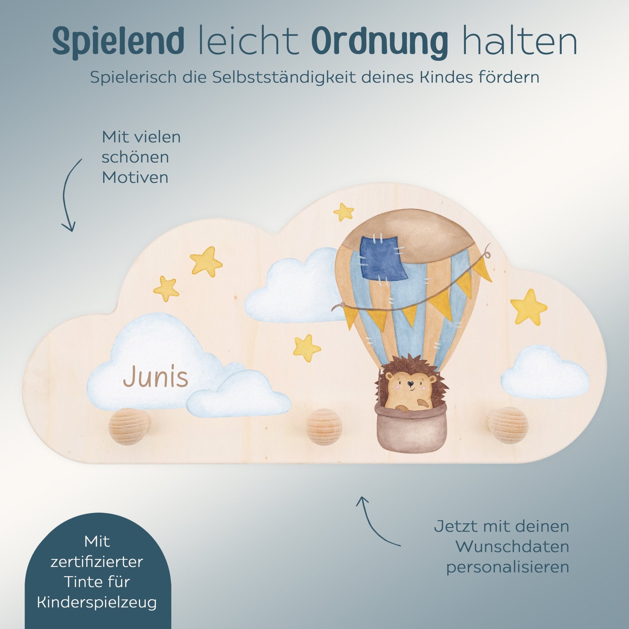 Kleidergarderobe für Kinder personalisiert - Tier im Ballon Aquarell - wunderwunsch