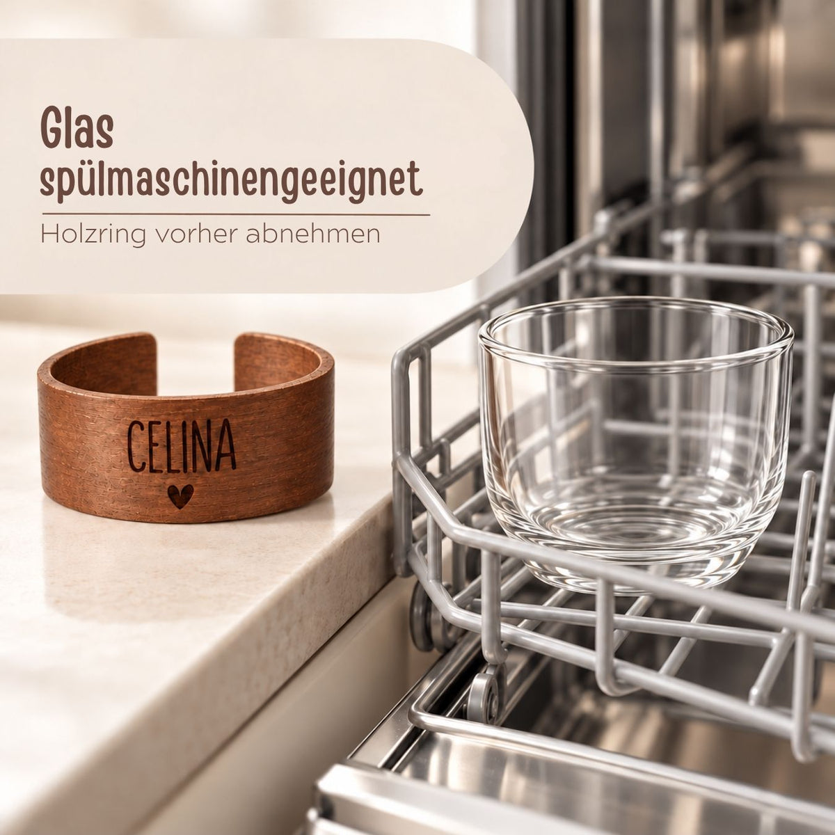 Kleines Kaffeeglas mit Holz personalisiert - wunderwunsch