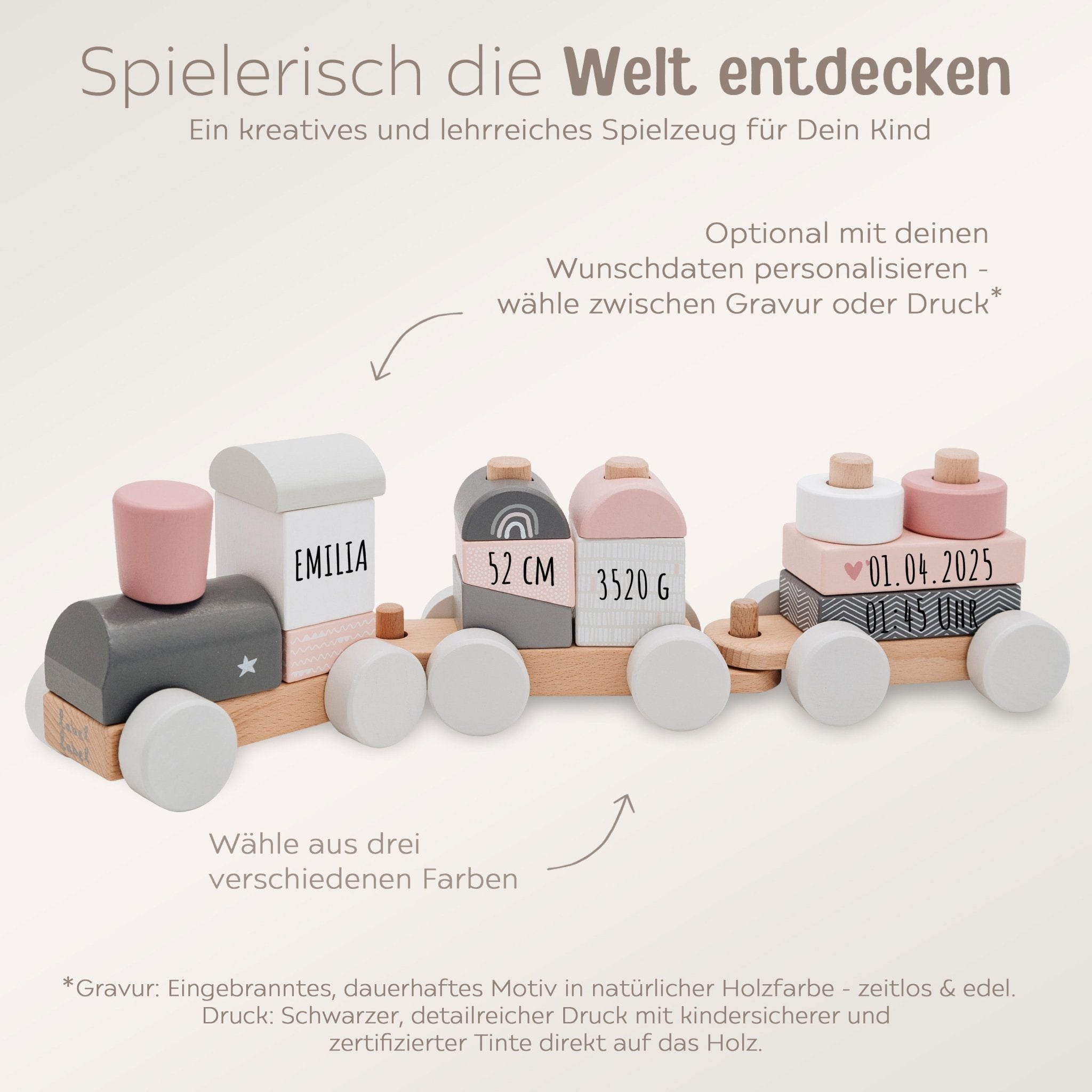 LABEL LABEL Holz Eisenbahn personalisiert - blau, rosa und beige - wunderwunsch