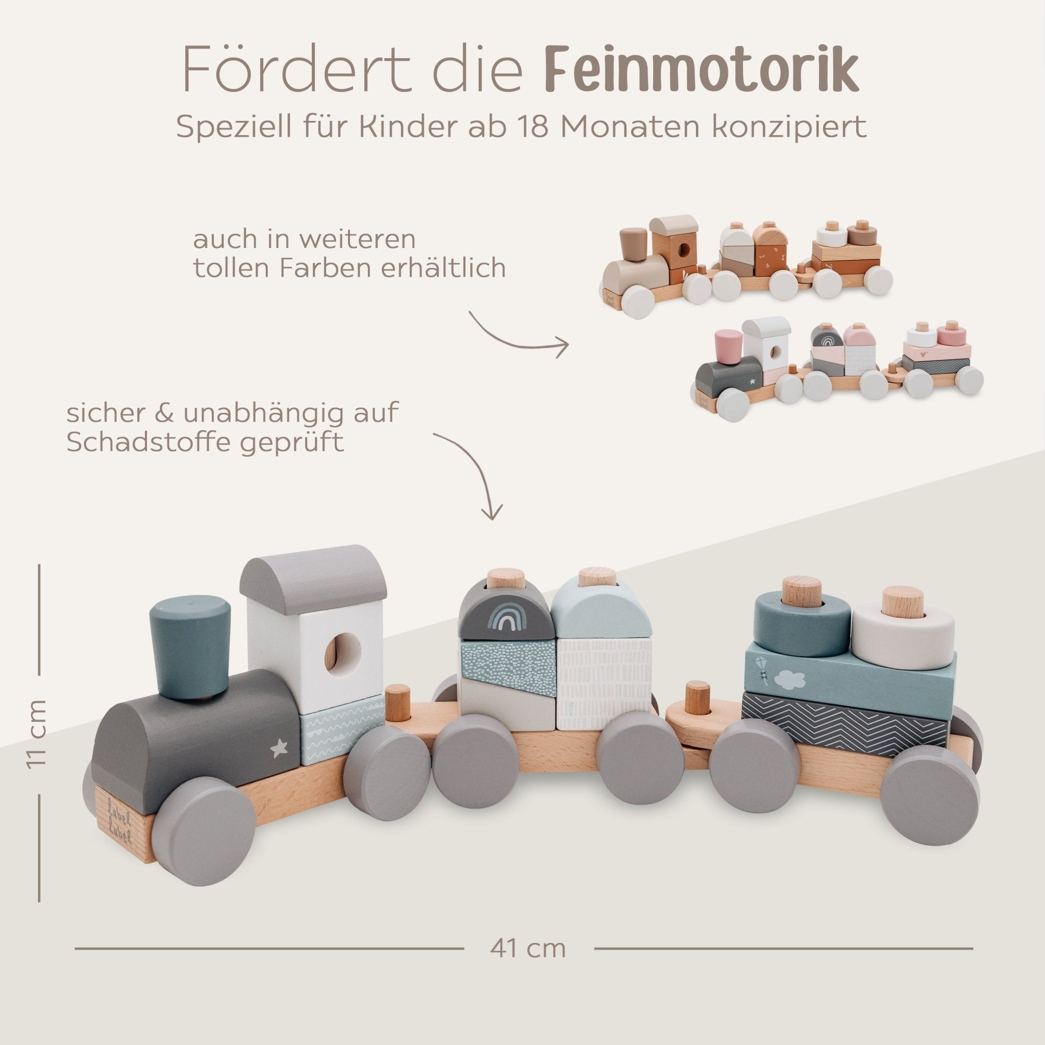 LABEL LABEL Holz Eisenbahn personalisiert - blau, rosa und beige - wunderwunsch
