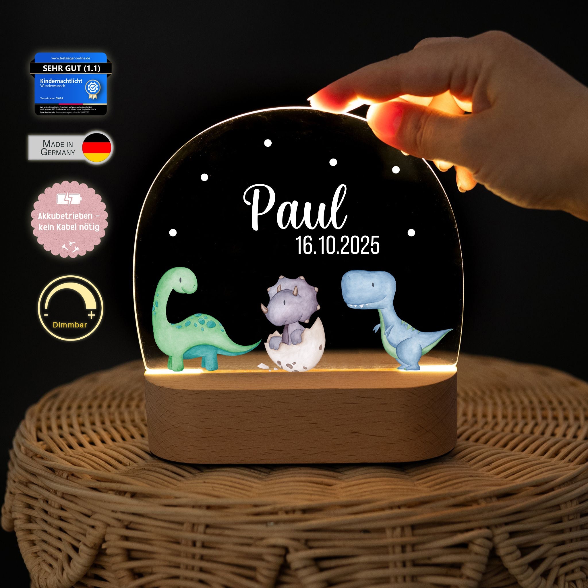 LED Nachtlicht Kinder personalisiert - Dinosaurier Punkte Aquarell - wunderwunsch