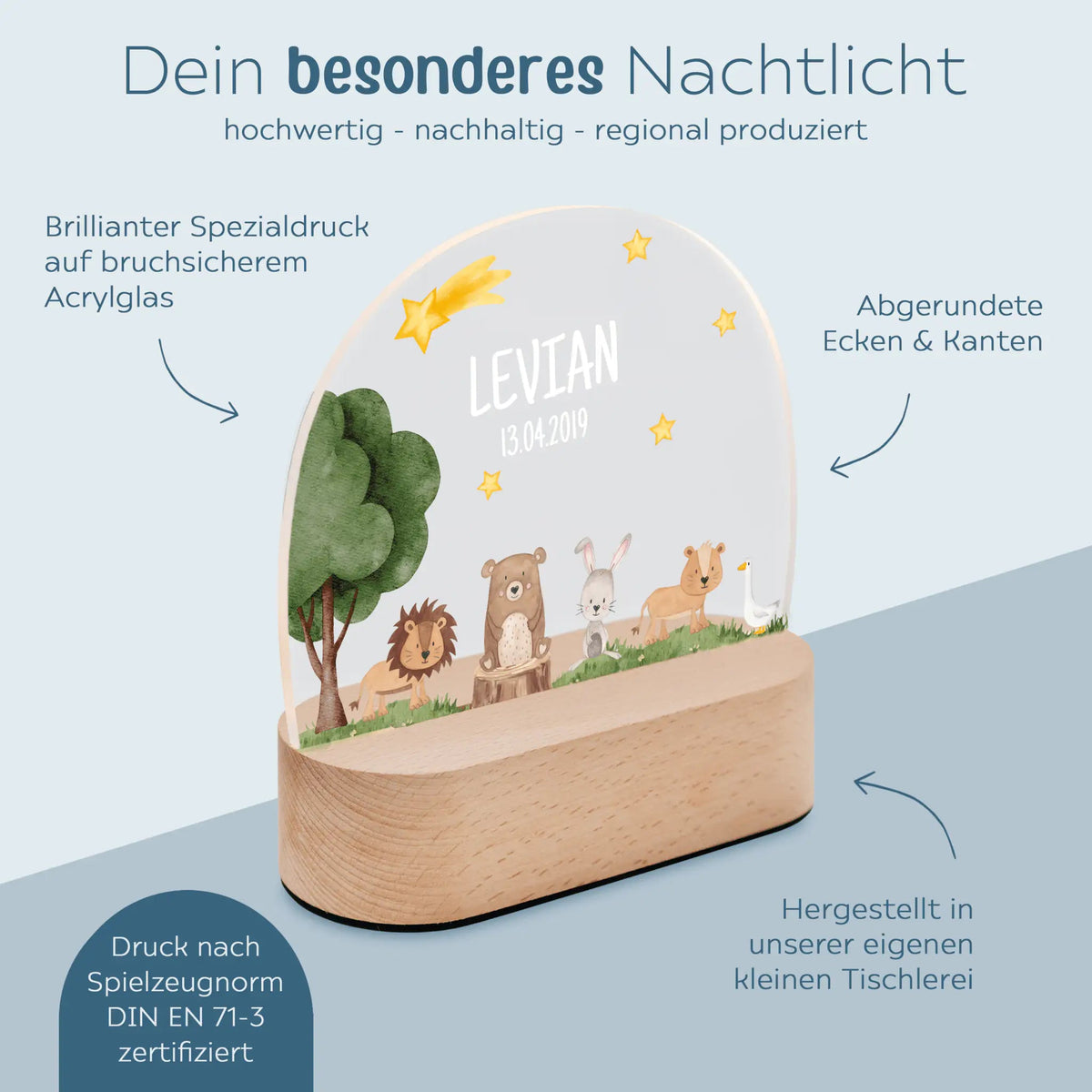 LED Nachtlicht Kinder personalisiert - Tiere unterm Sternenhimmel Aquarell - wunderwunsch