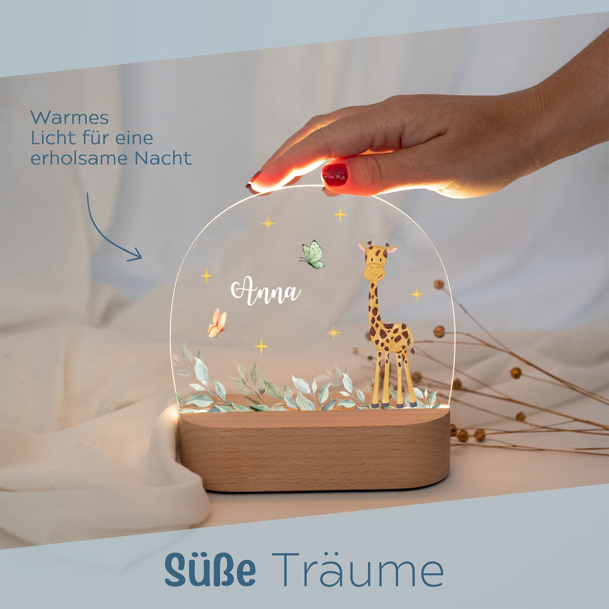 LED Nachtlicht Kinder personalisiert - Tierischer Gartenzauber Aquarell - wunderwunsch