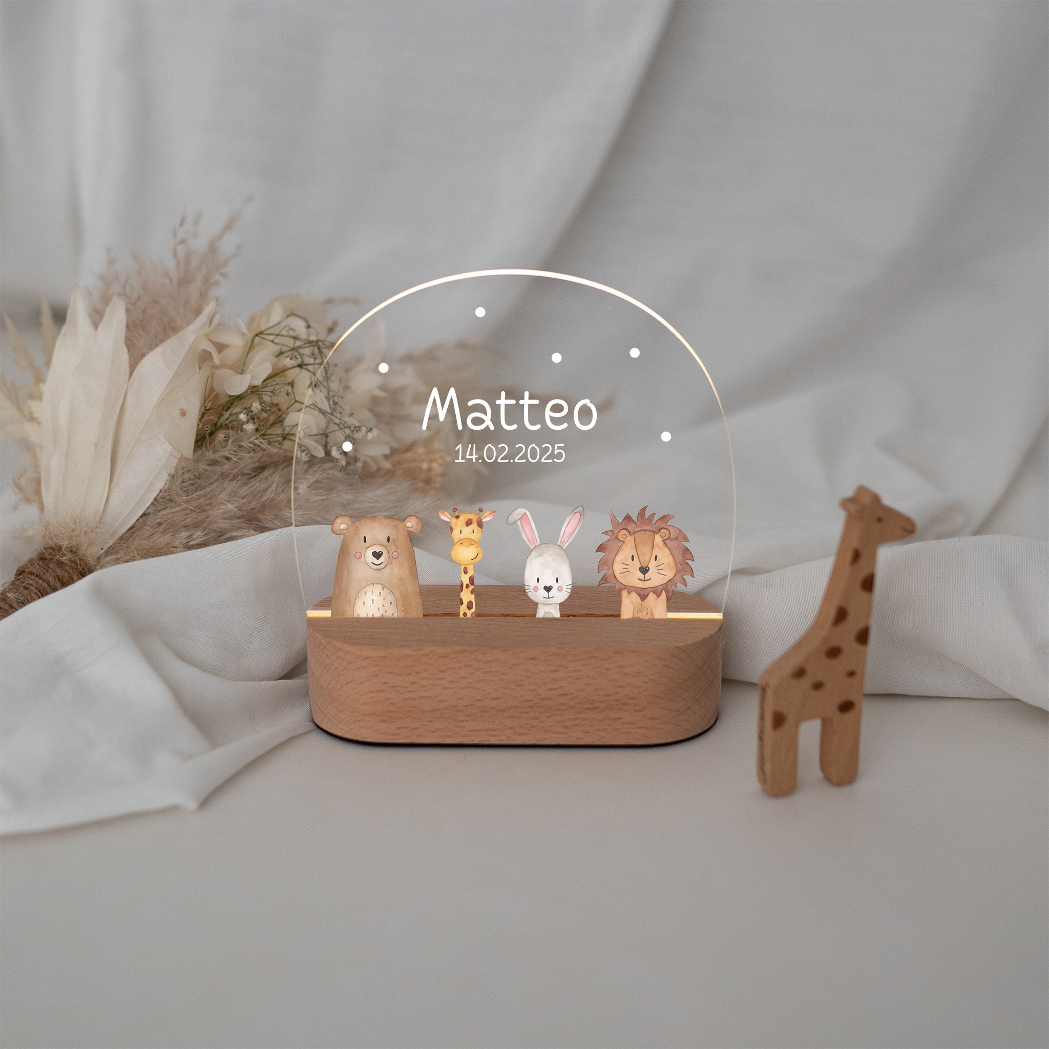 LED Nachtlicht Kinder personalisiert - verschiedene Schriftarten - Tiere unten - wunderwunsch