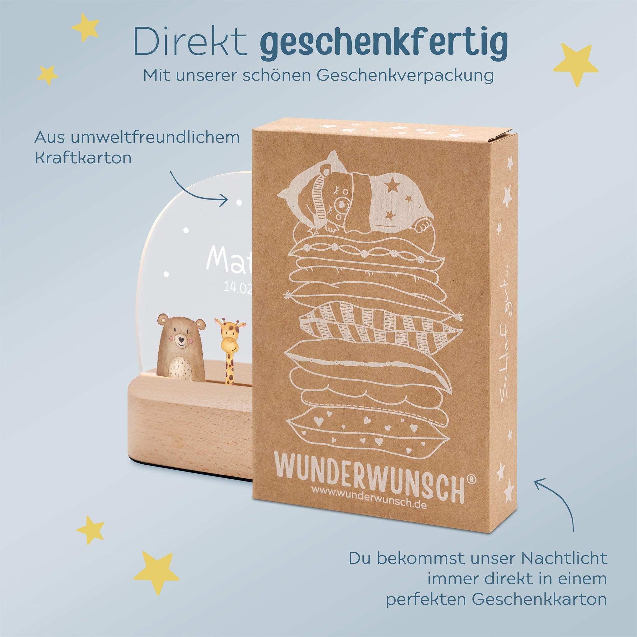 LED Nachtlicht Kinder personalisiert - verschiedene Schriftarten - Tiere unten - wunderwunsch