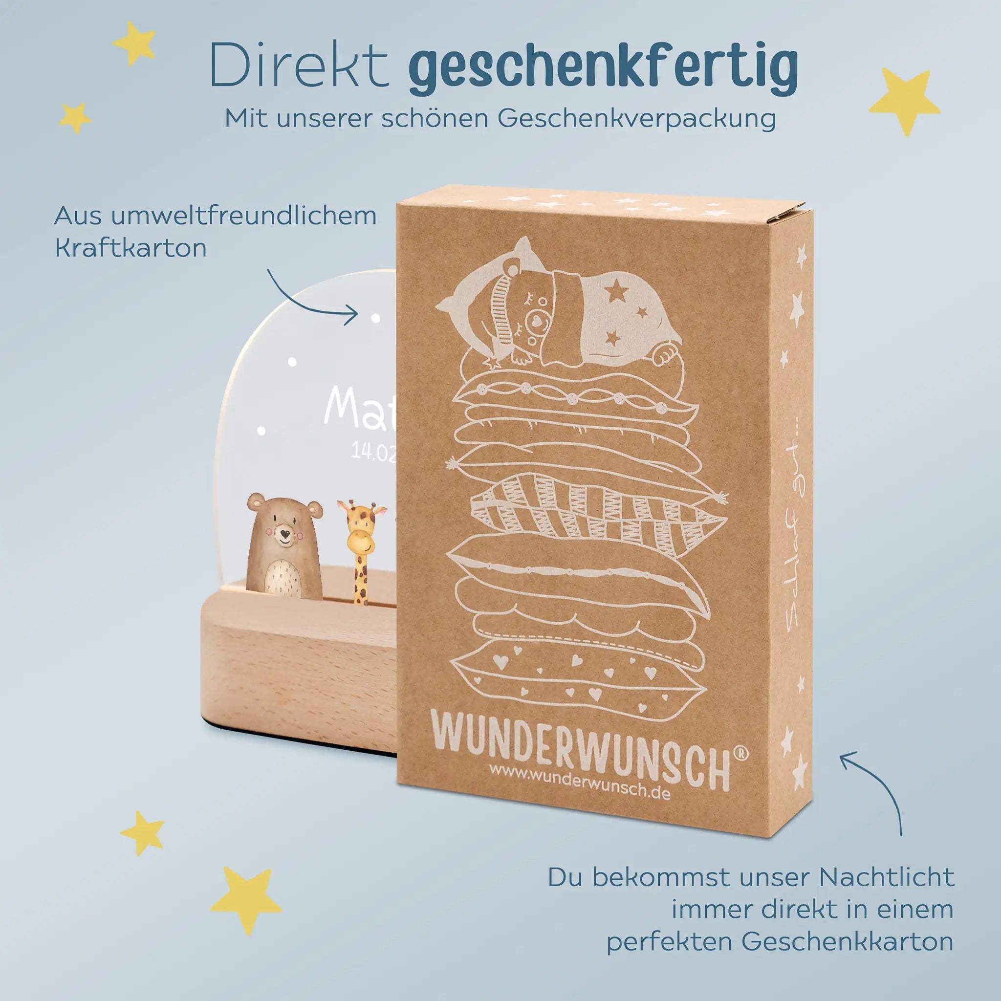 LED Nachtlicht Kinder personalisiert - verschiedene Schriftarten - Tiere unten - wunderwunsch