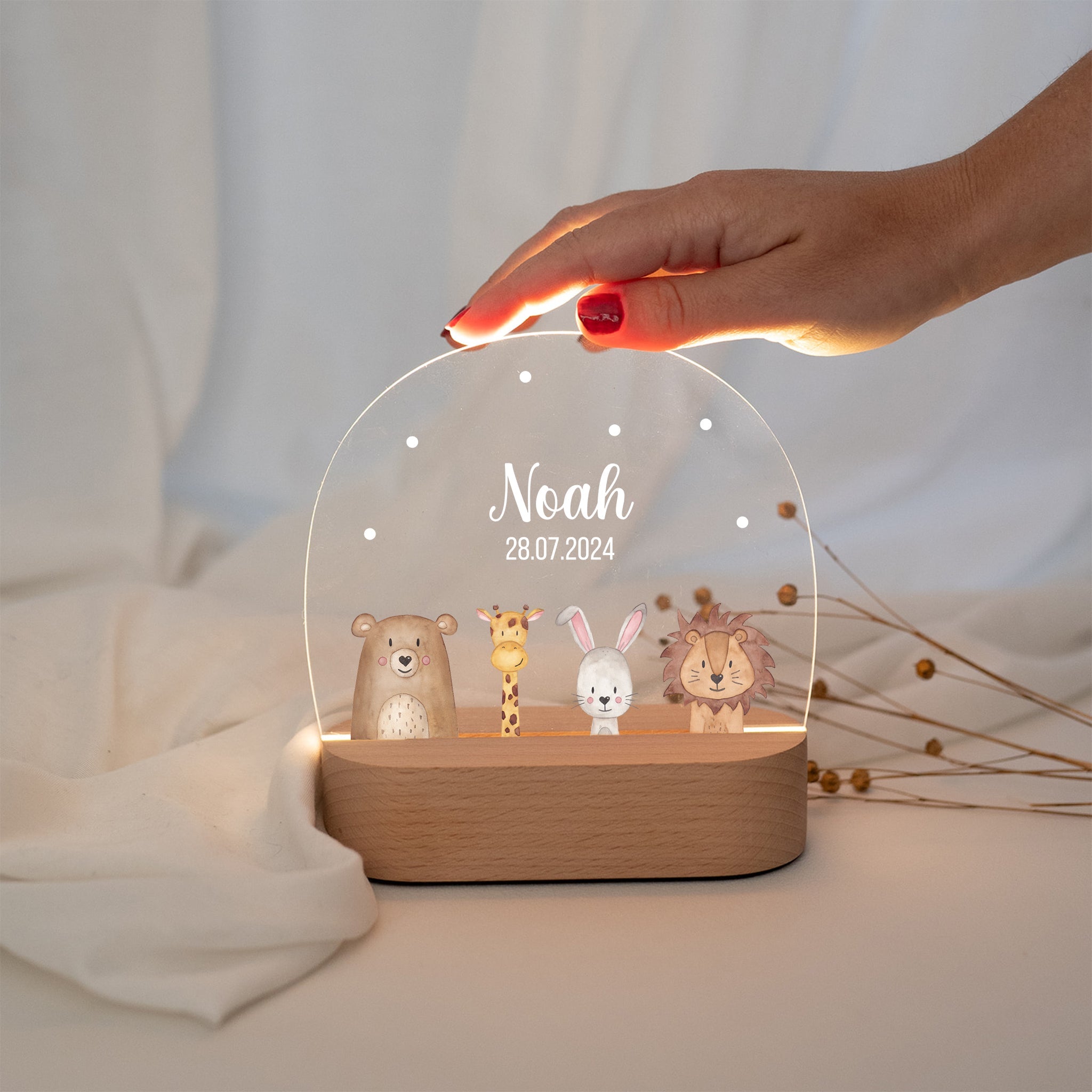 LED Nachtlicht Kinder personalisiert - verschiedene Schriftarten - Tiere unten - wunderwunsch