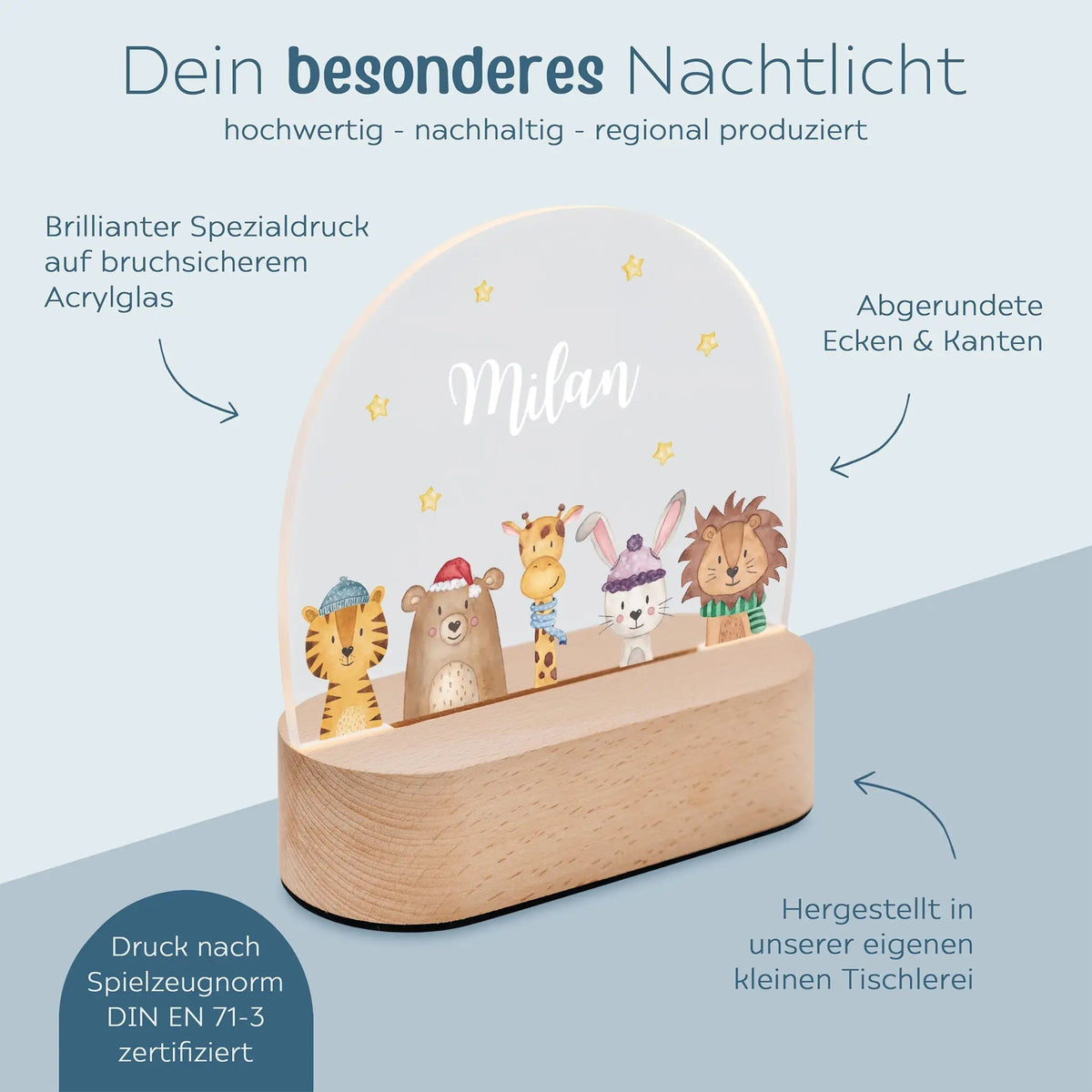 LED Nachtlicht Kinder personalisiert - Weihnachts - Tiere unten Sterne - wunderwunsch