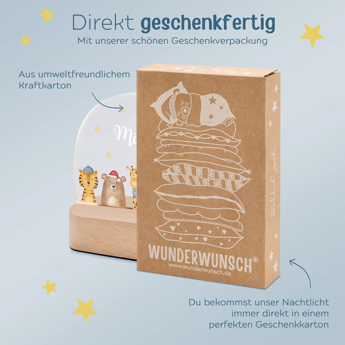LED Nachtlicht Kinder personalisiert - Weihnachts - Tiere unten Sterne - wunderwunsch
