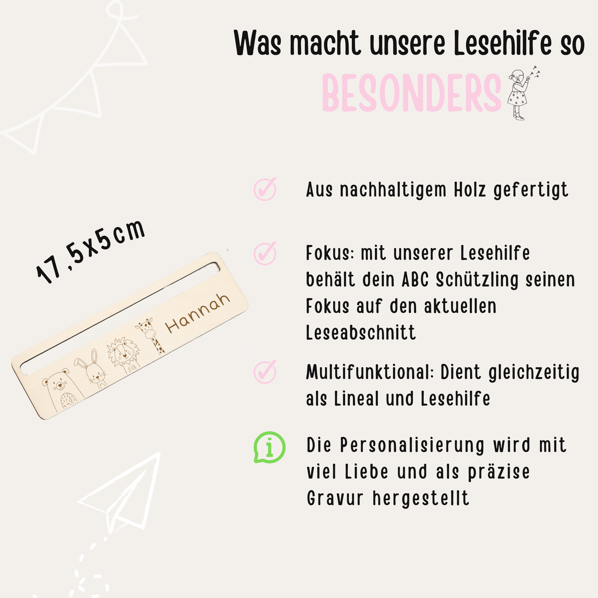 Lesehilfe personalisiert - Tiere unten Gravur - wunderwunsch