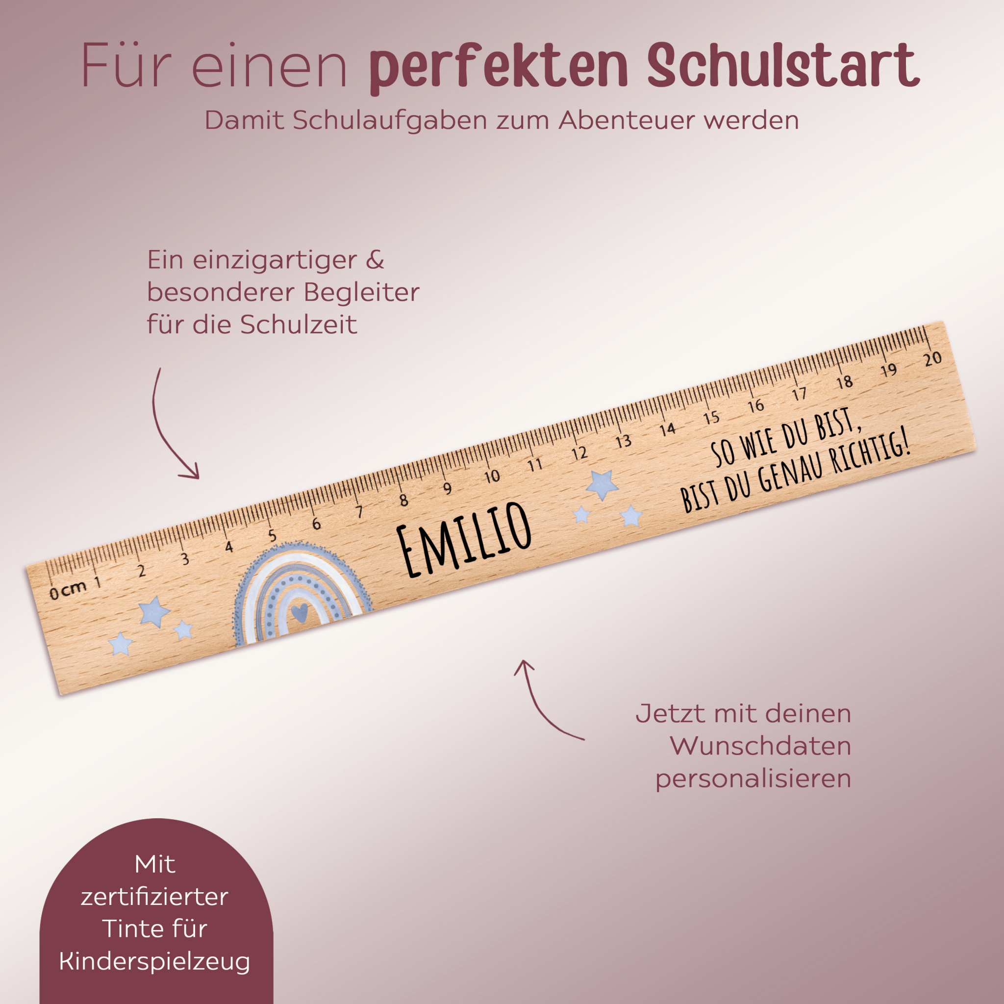 Lineal Holz 20 oder 30 cm personalisiert - Regenbogen Punkte Aquarell - wunderwunsch