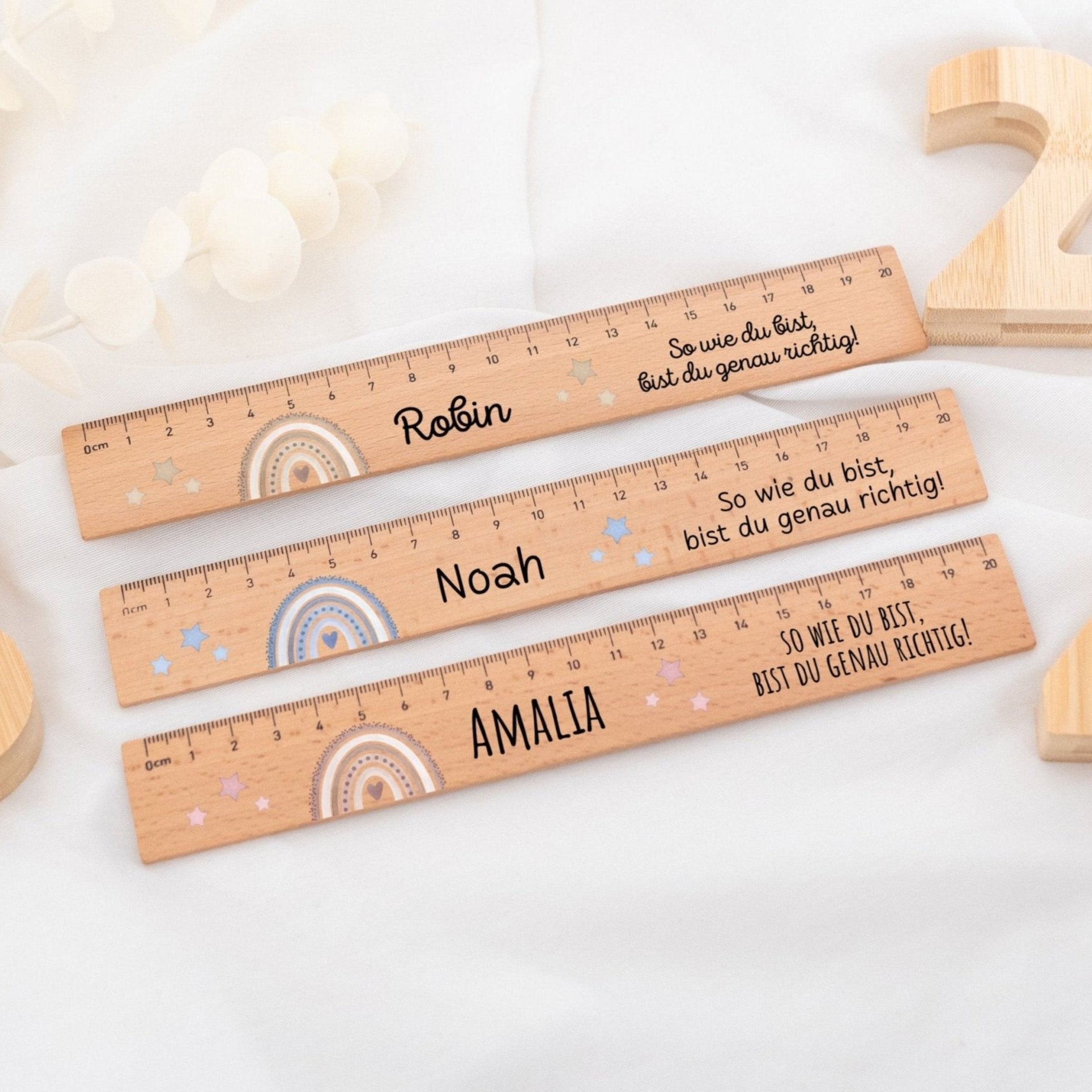 Lineal Holz 20 oder 30 cm personalisiert - Regenbogen Punkte Aquarell - wunderwunsch