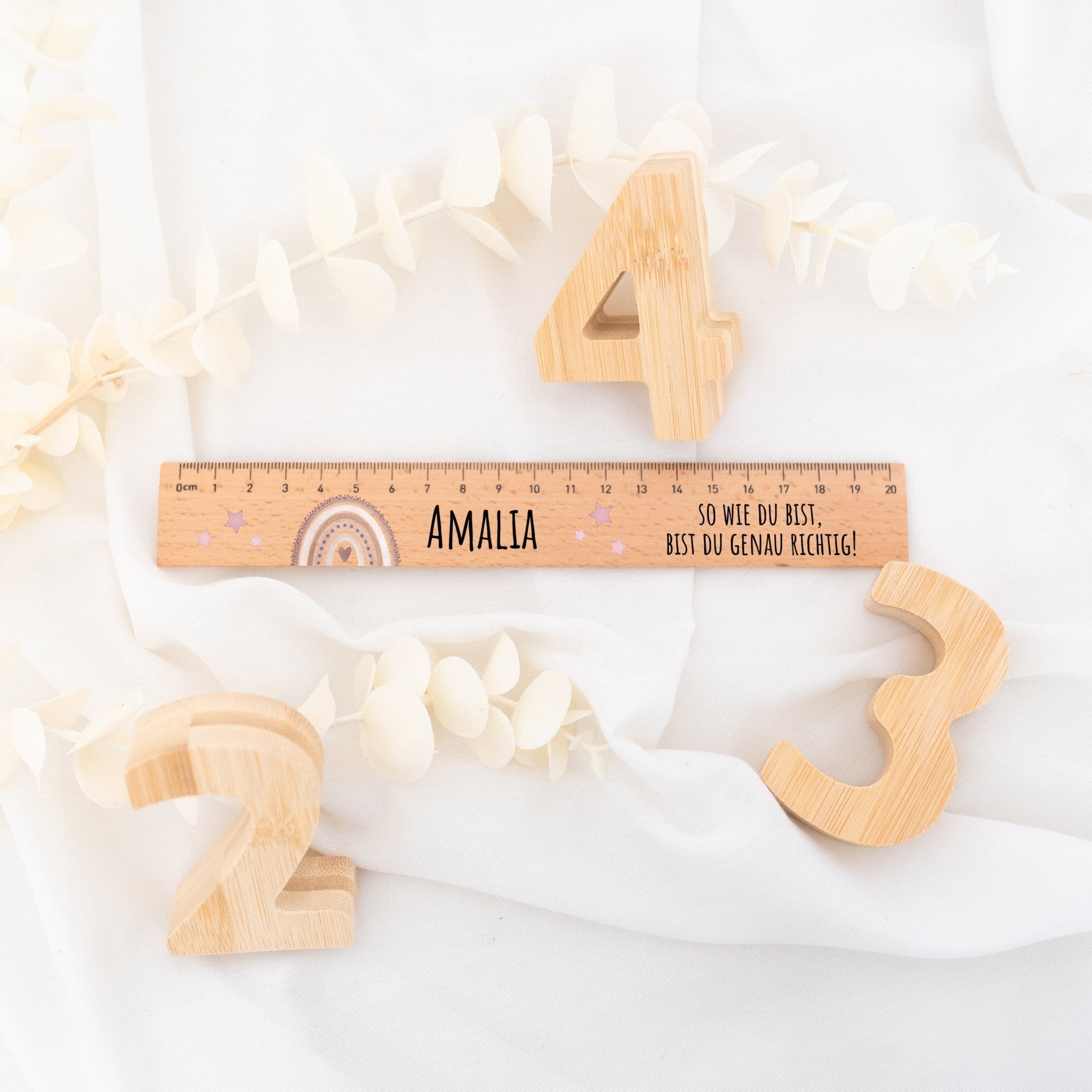 Lineal Holz 20 oder 30 cm personalisiert - Regenbogen Punkte Aquarell - wunderwunsch