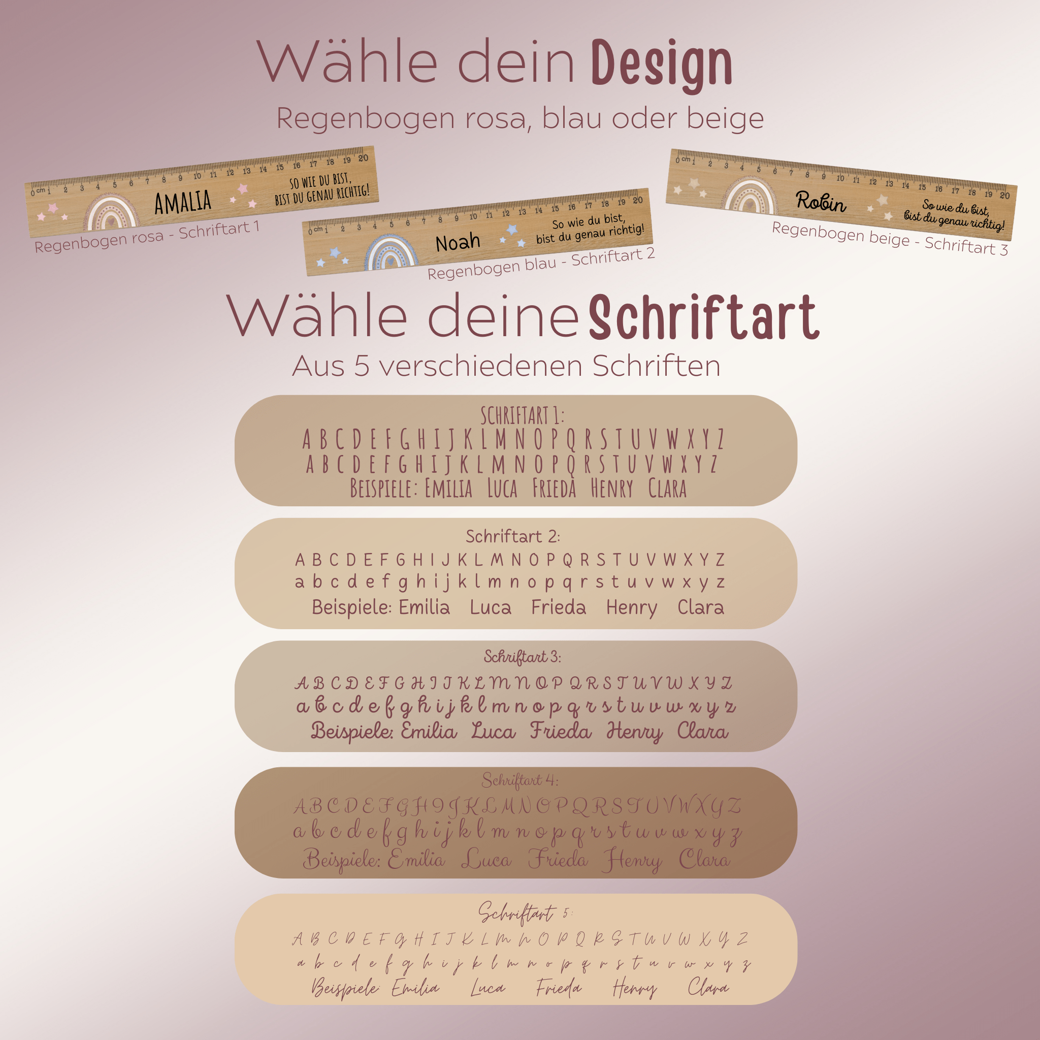 Lineal Holz 20 oder 30 cm personalisiert - Regenbogen Punkte Aquarell - wunderwunsch