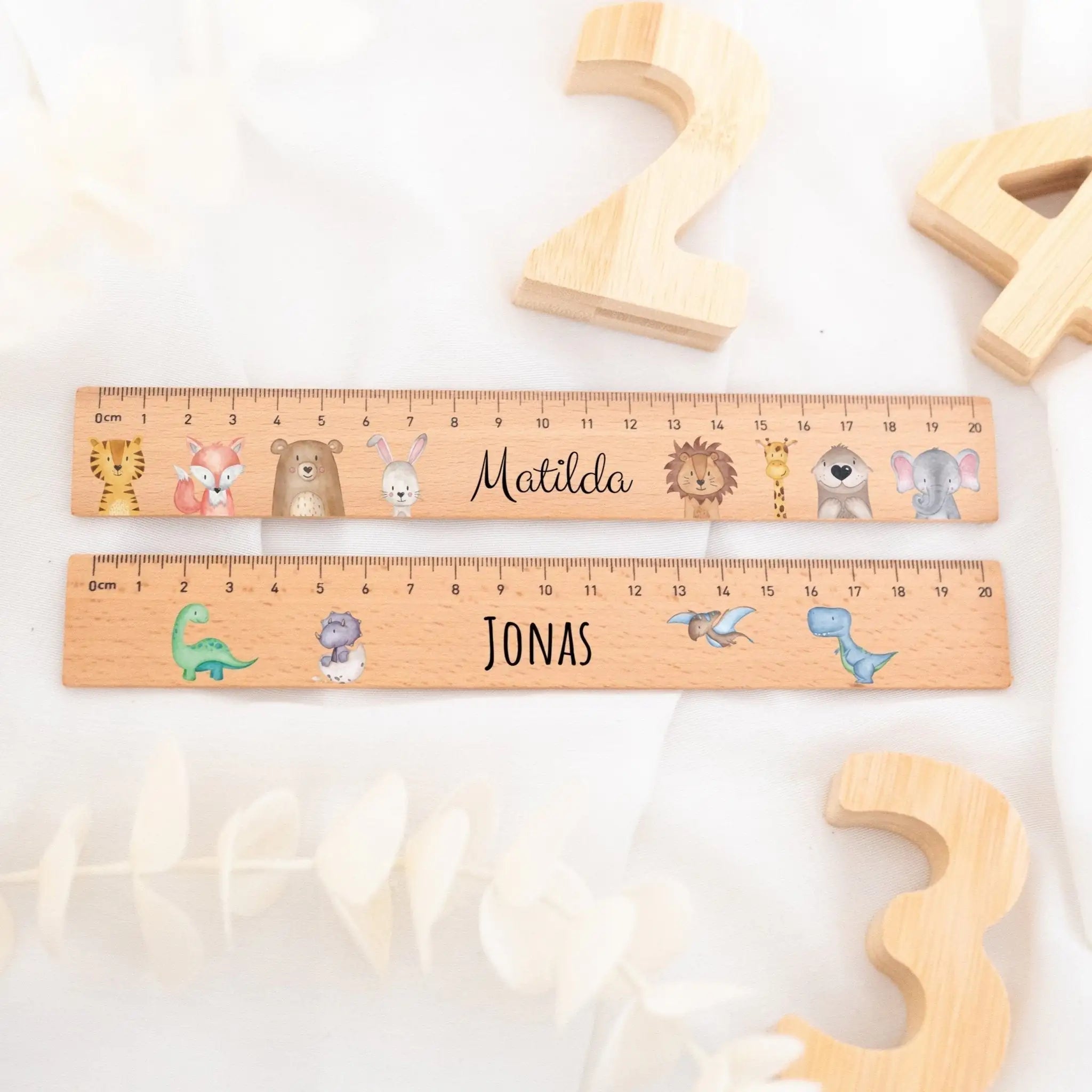 Lineal Holz 20 oder 30 cm personalisiert - Tiere oder Dinos Aquarell - wunderwunsch