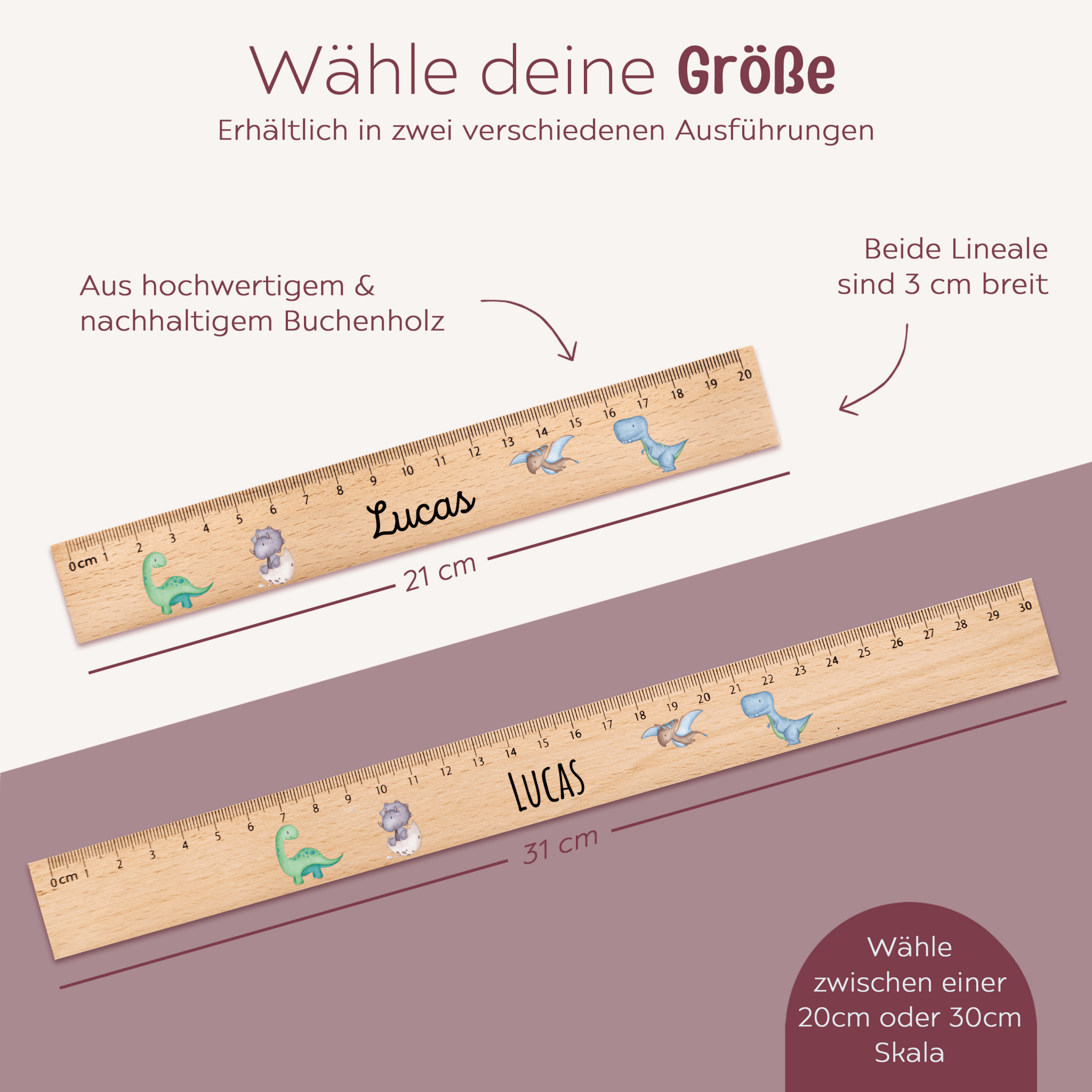Lineal Holz 20 oder 30 cm personalisiert - Tiere oder Dinos Aquarell - wunderwunsch