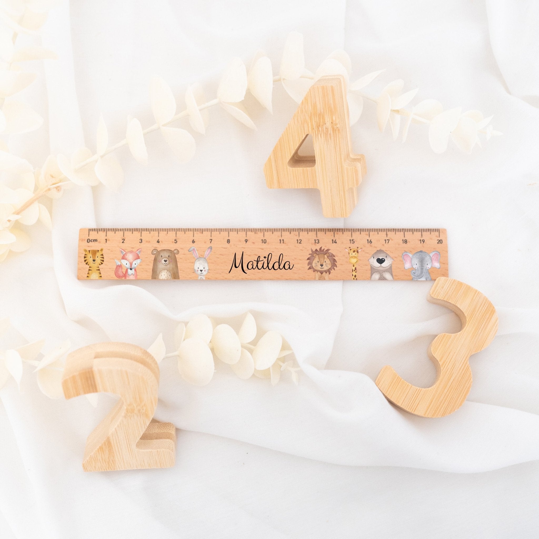 Lineal Holz 20 oder 30 cm personalisiert - Tiere oder Dinos Aquarell - wunderwunsch