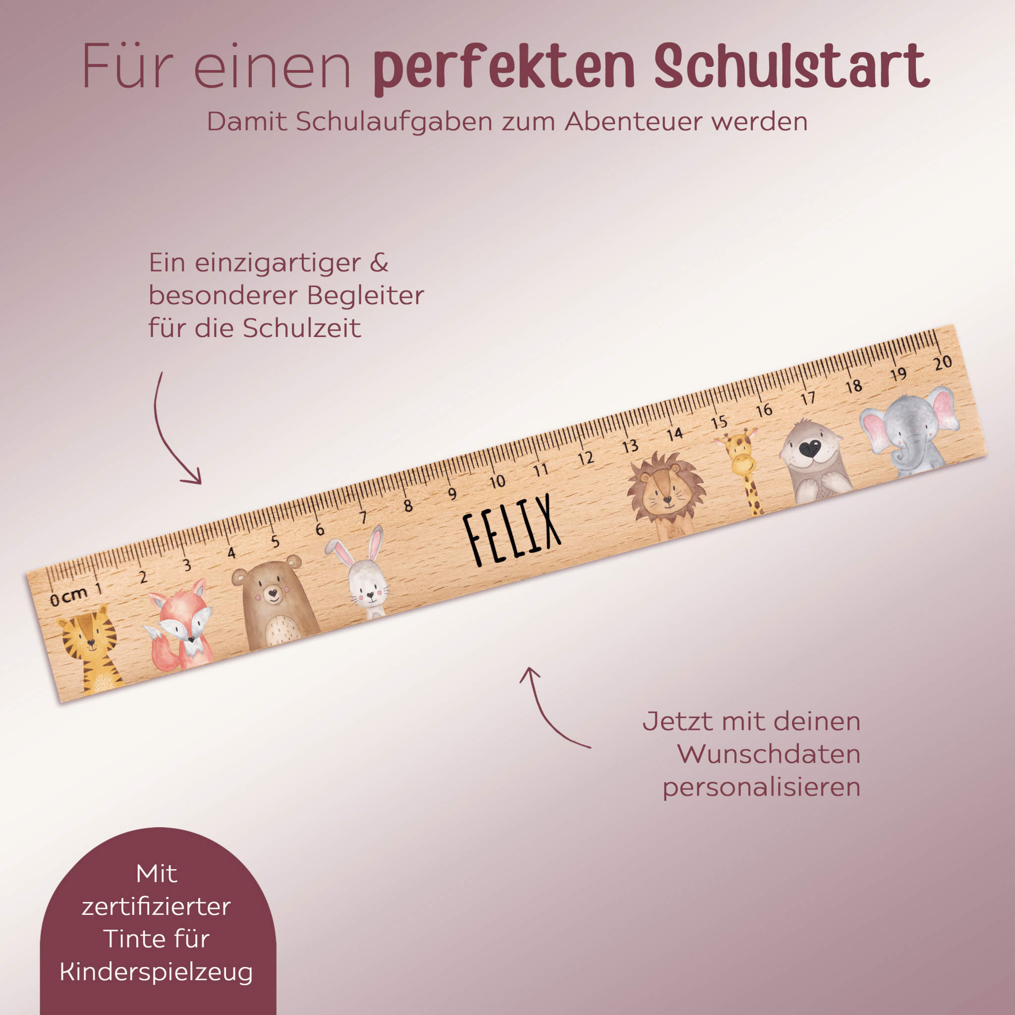 Lineal Holz 20 oder 30 cm personalisiert - Tiere oder Dinos Aquarell - wunderwunsch