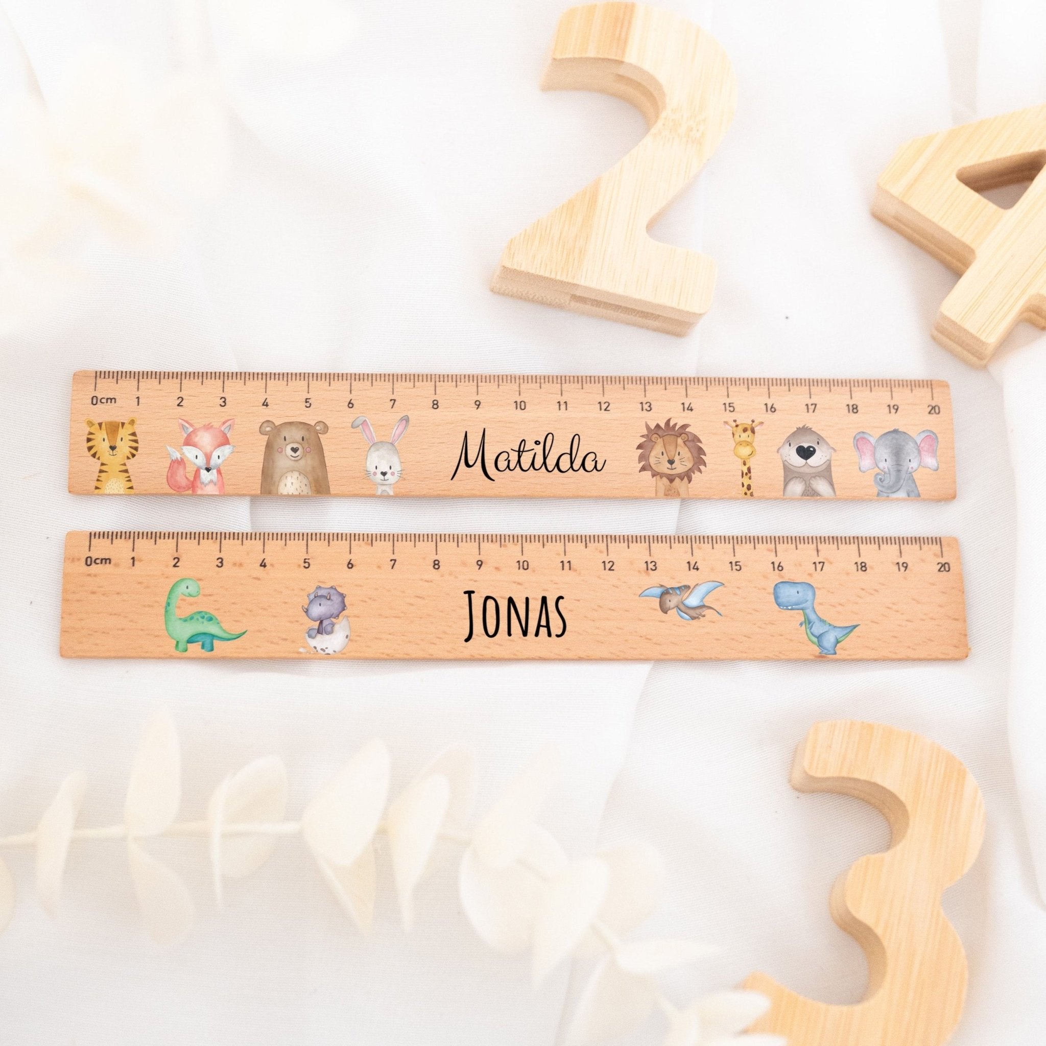 Lineal Holz 20 oder 30 cm personalisiert - Tiere oder Dinos Aquarell - wunderwunsch