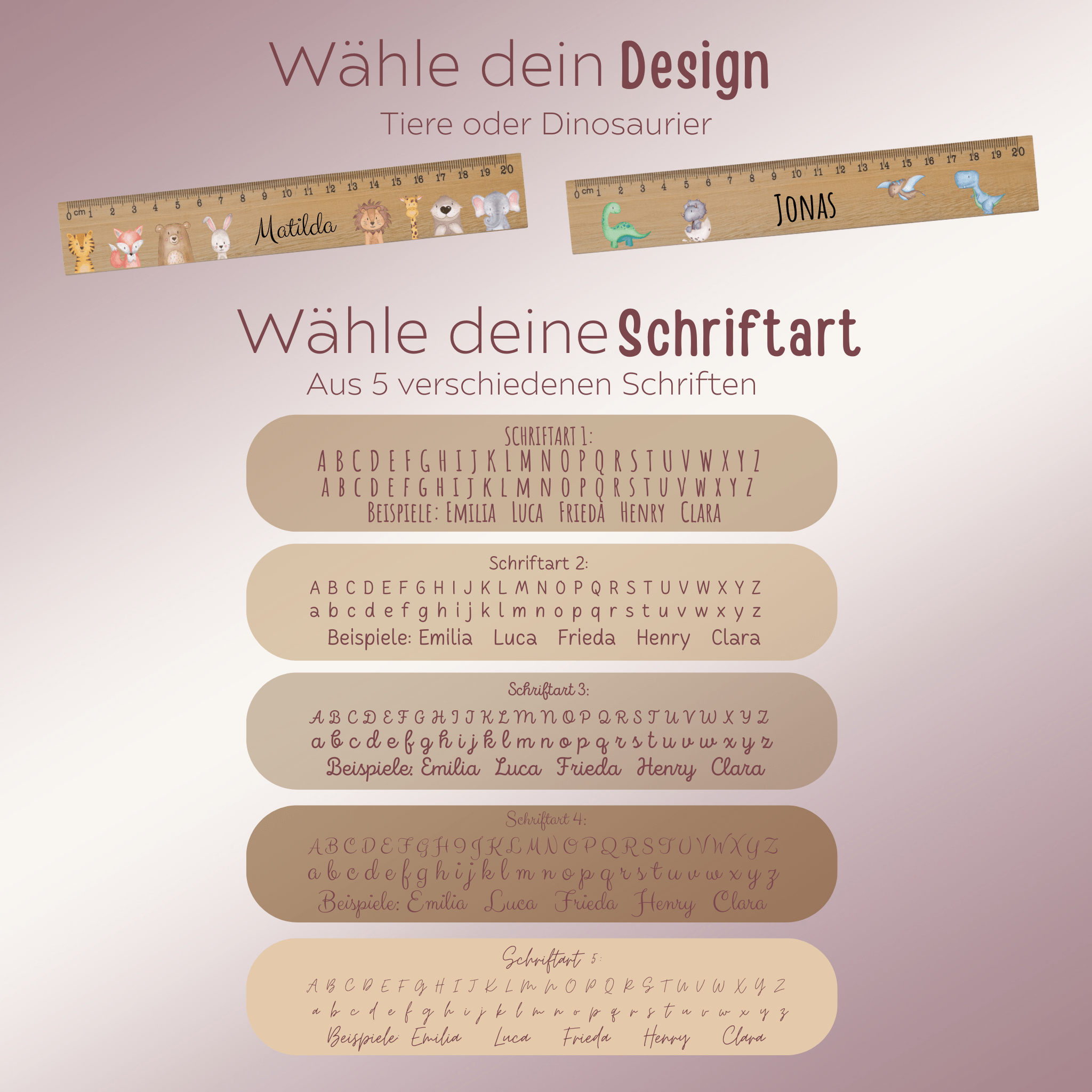 Lineal Holz 20 oder 30 cm personalisiert - Tiere oder Dinos Aquarell - wunderwunsch