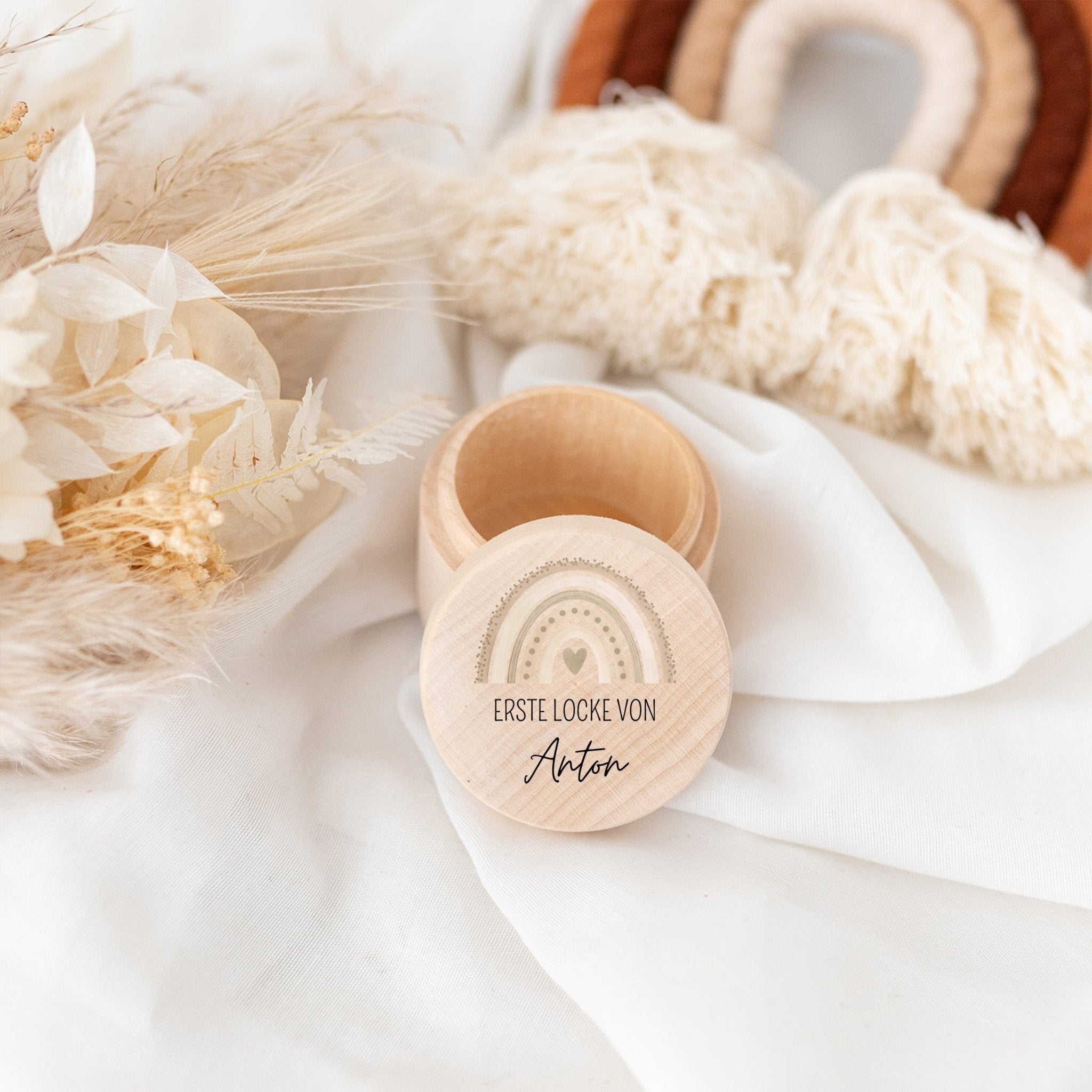 Lockendose Holz personalisiert - Regenbogen Punkte Aquarell - wunderwunsch