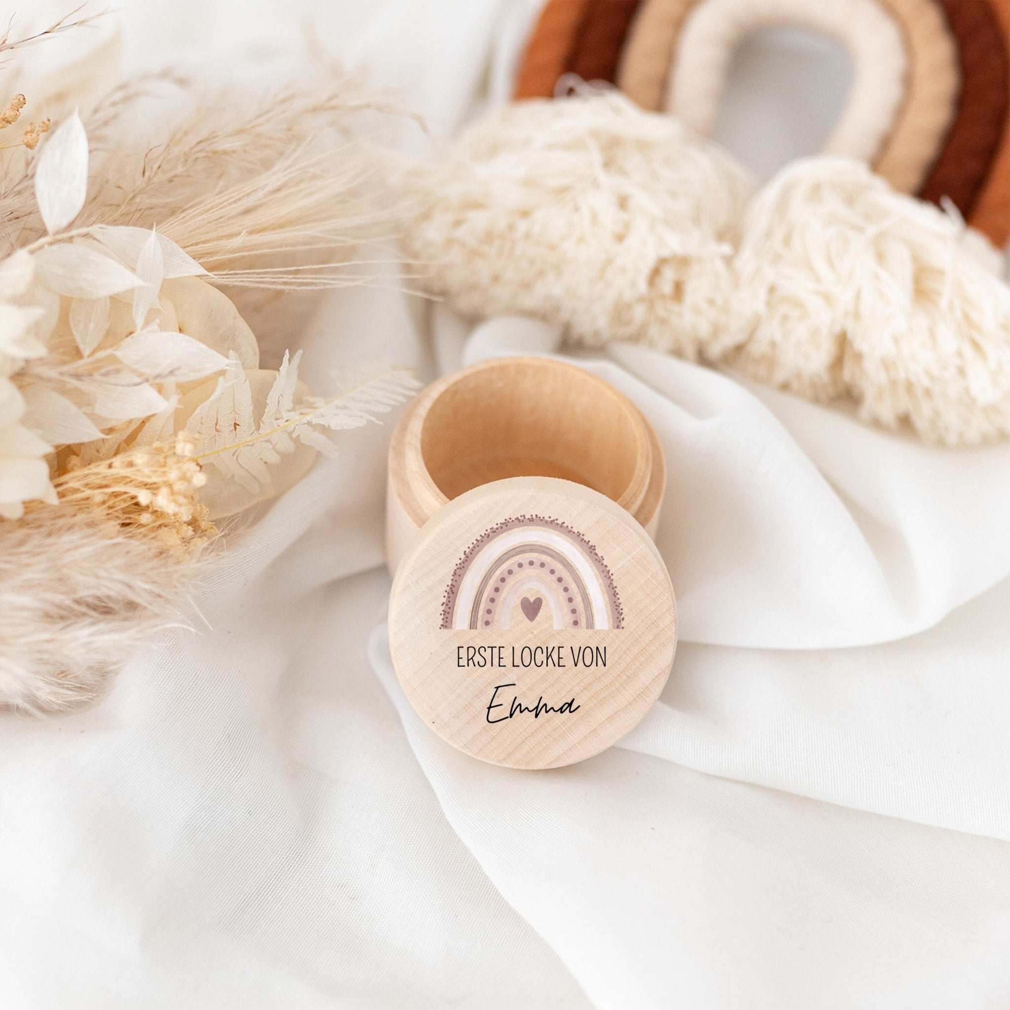 Lockendose Holz personalisiert - Regenbogen Punkte Aquarell - wunderwunsch