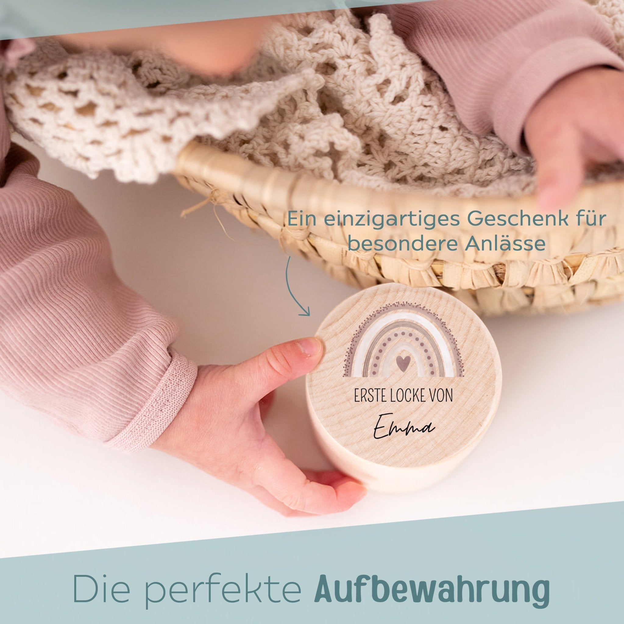 Lockendose Holz personalisiert - Regenbogen Punkte Aquarell - wunderwunsch