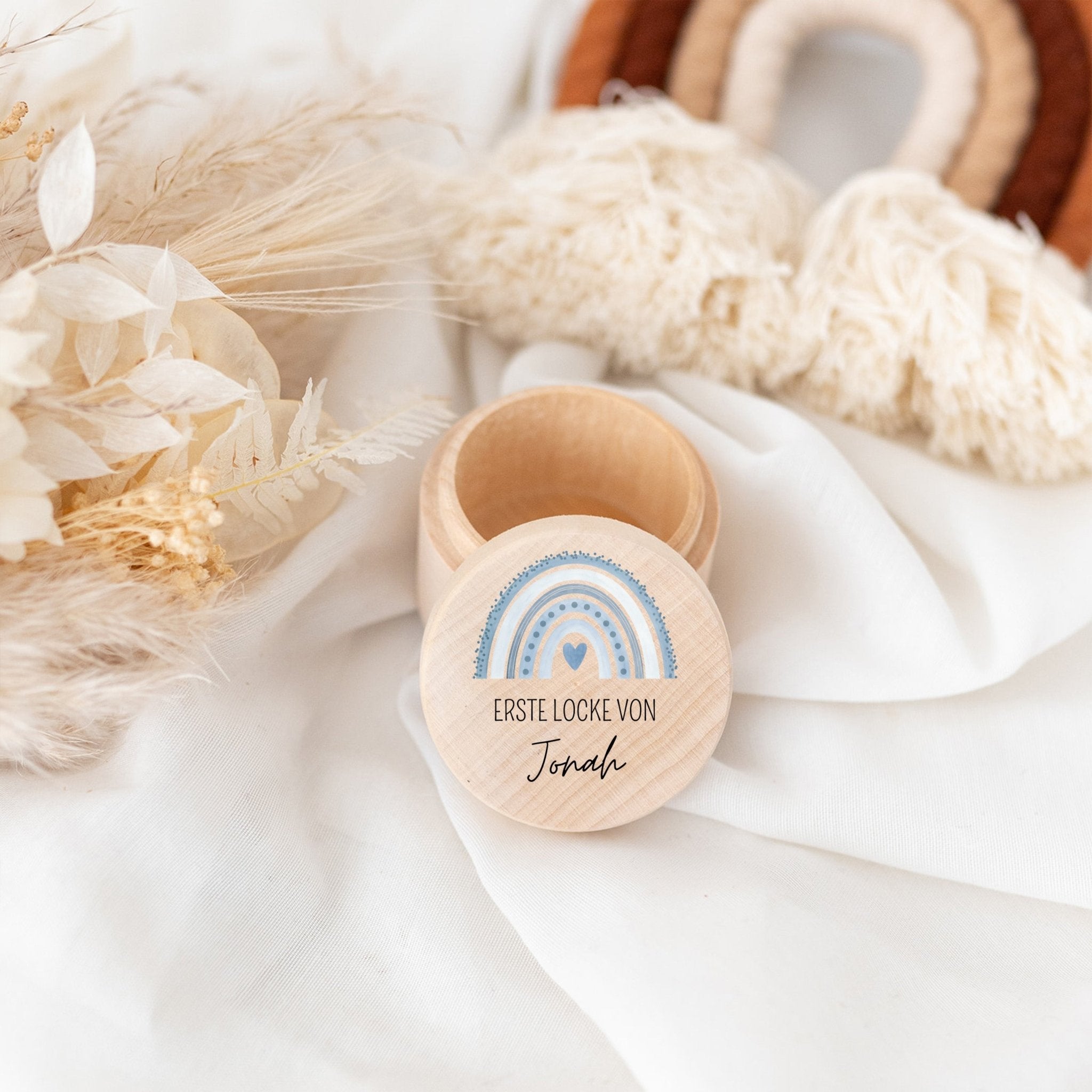 Lockendose Holz personalisiert - Regenbogen Punkte Aquarell - wunderwunsch