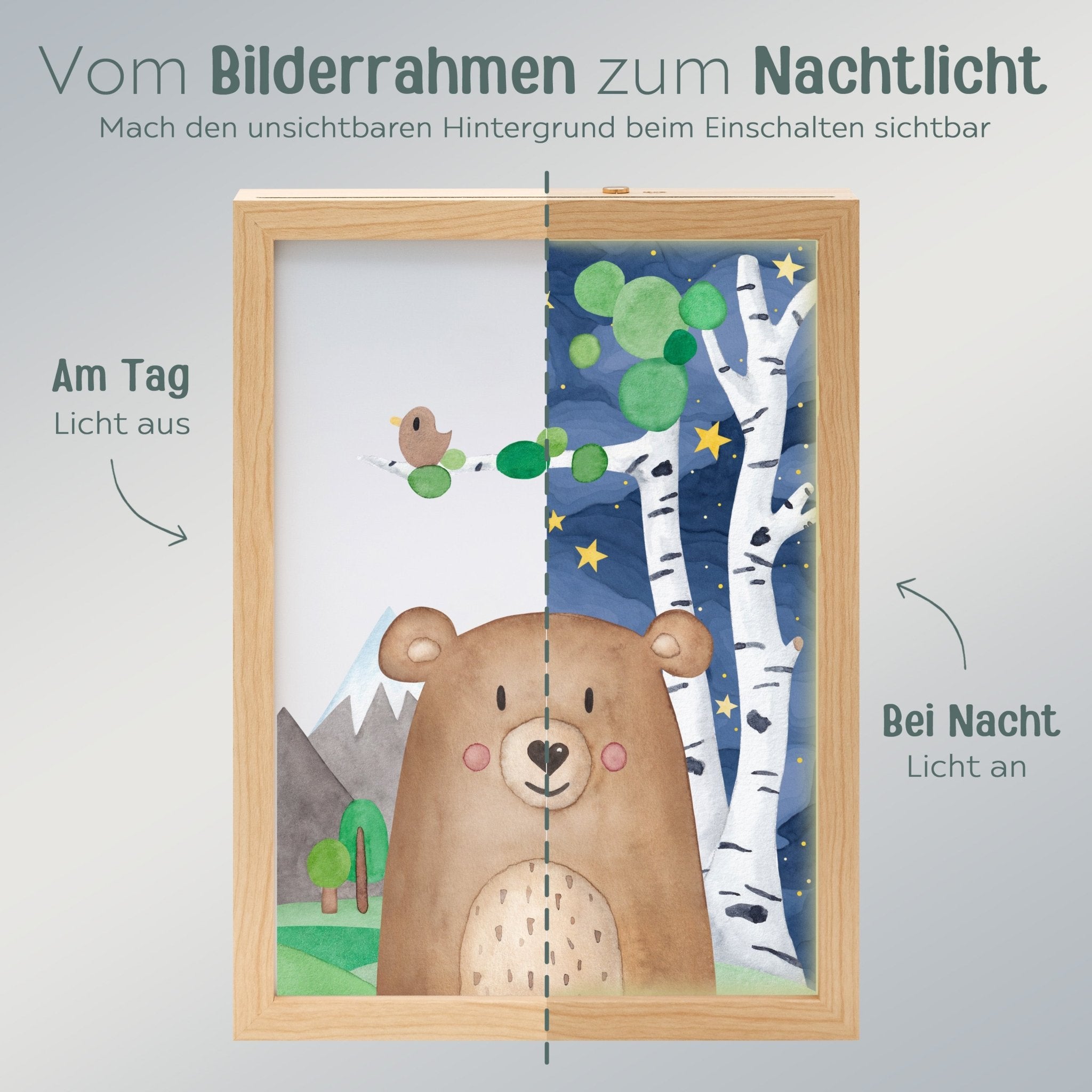 Magischer LED Bilderrahmen - Bär Birkenwald - wunderwunsch