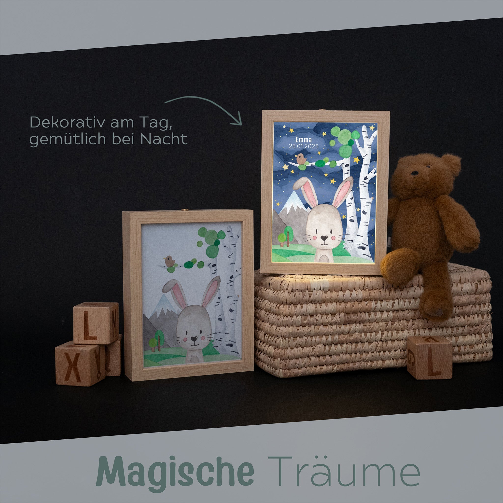 Magischer LED Bilderrahmen - Hase Birkenwald - wunderwunsch