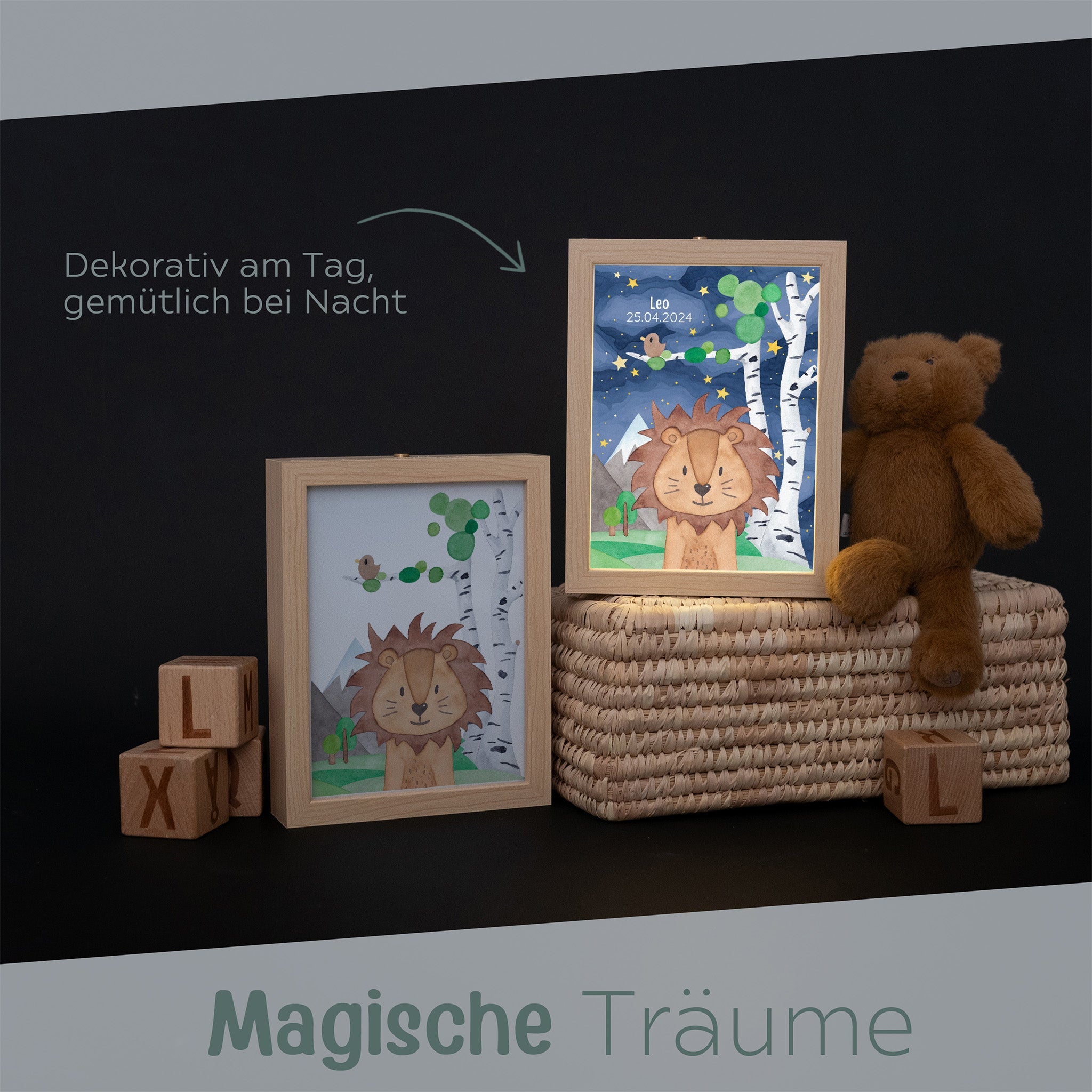 Magischer LED Bilderrahmen - Löwe Birkenwald - wunderwunsch