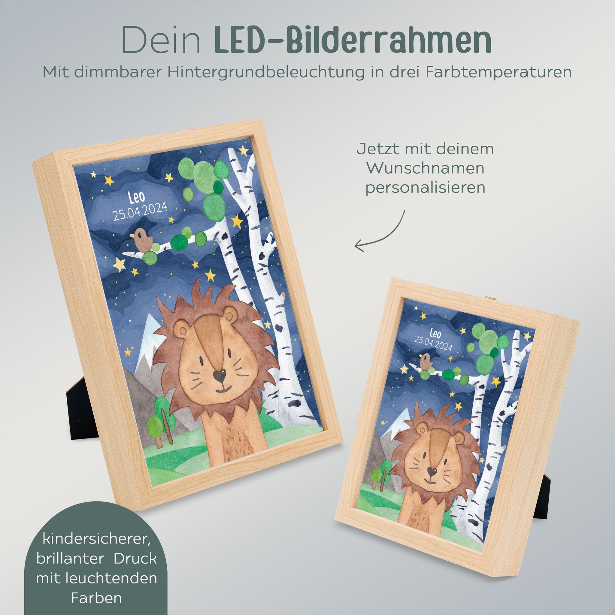 Magischer LED Bilderrahmen - Löwe Birkenwald - wunderwunsch