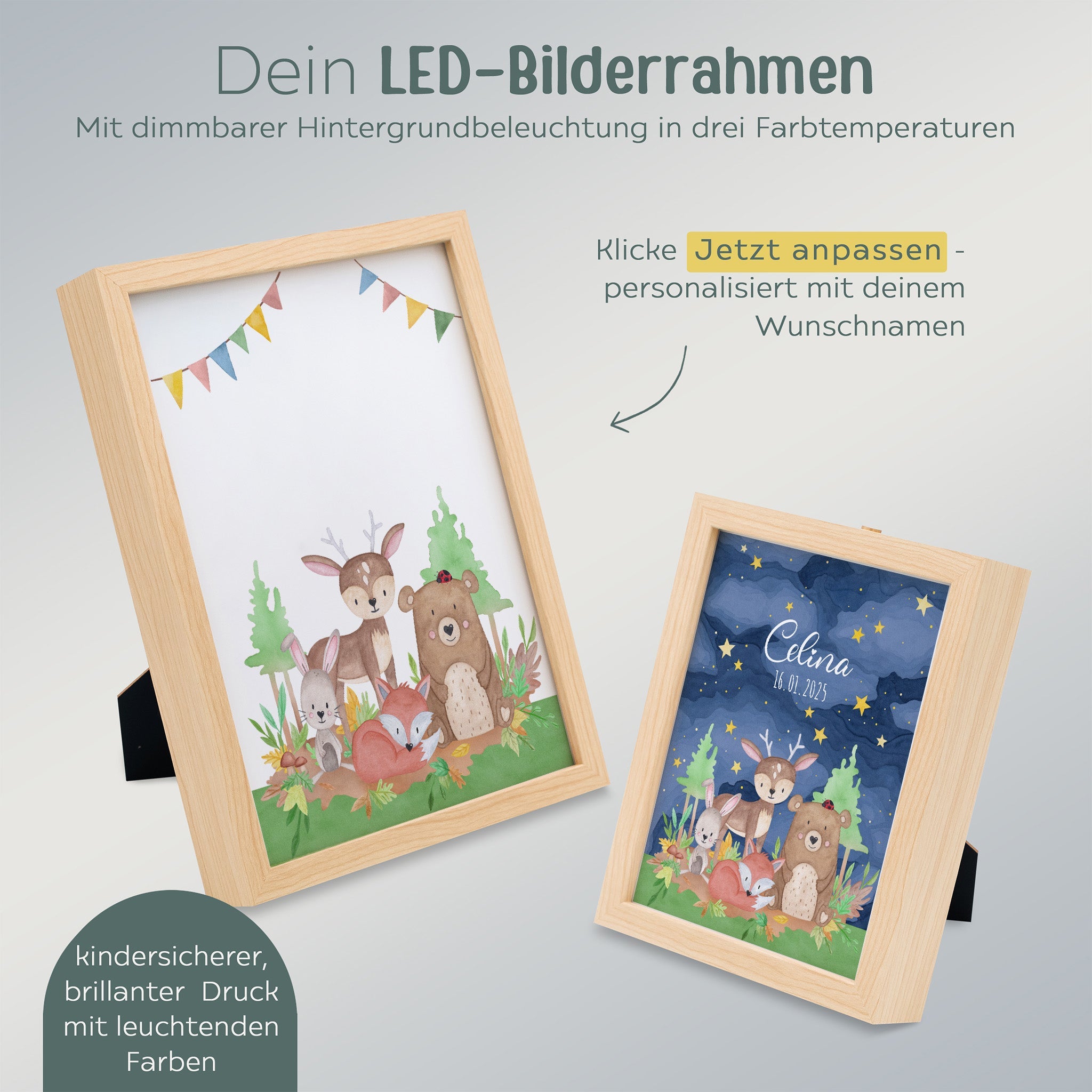 Magischer LED Bilderrahmen - Tierfamilie im Wald - wunderwunsch