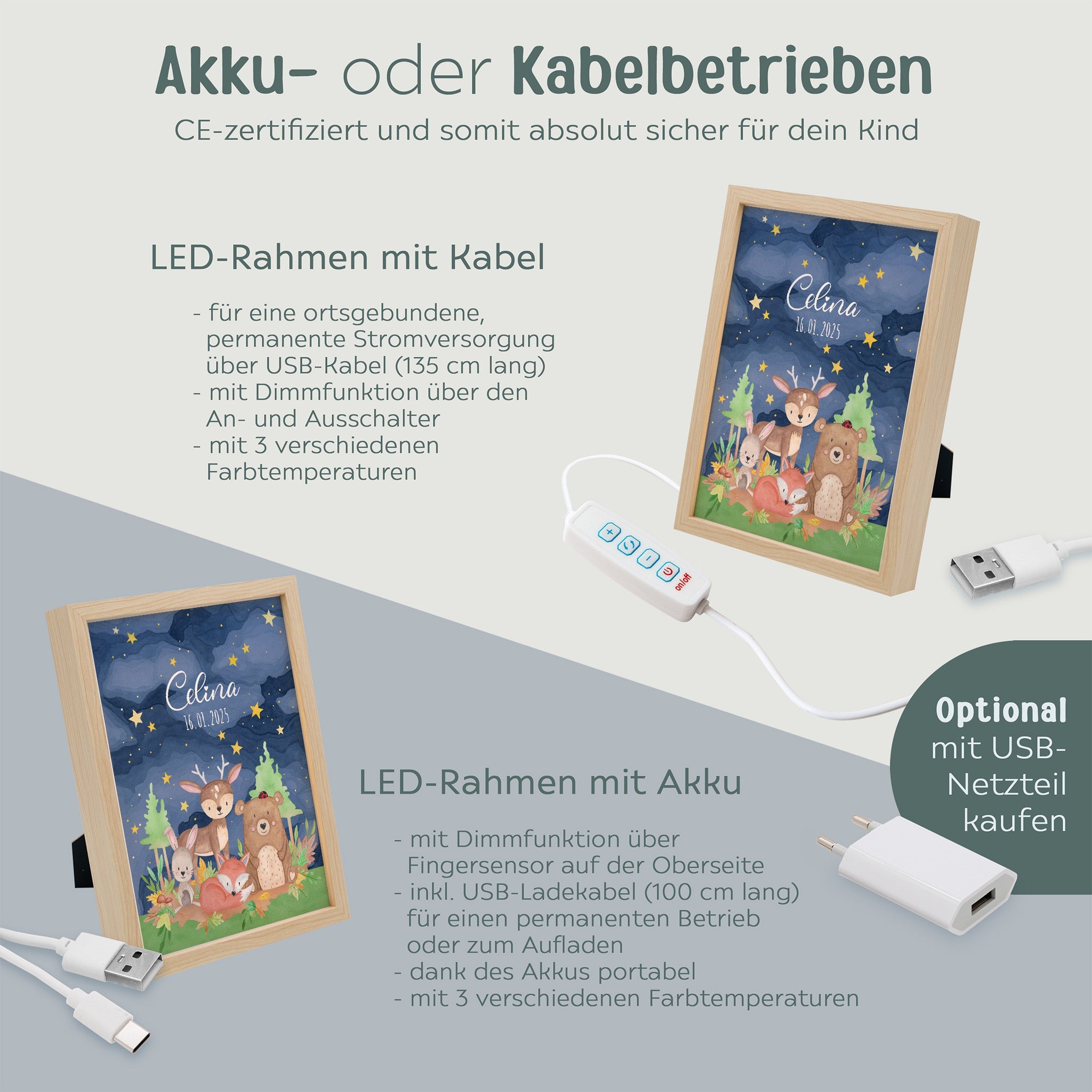 Magischer LED Bilderrahmen - Tierfamilie im Wald - wunderwunsch