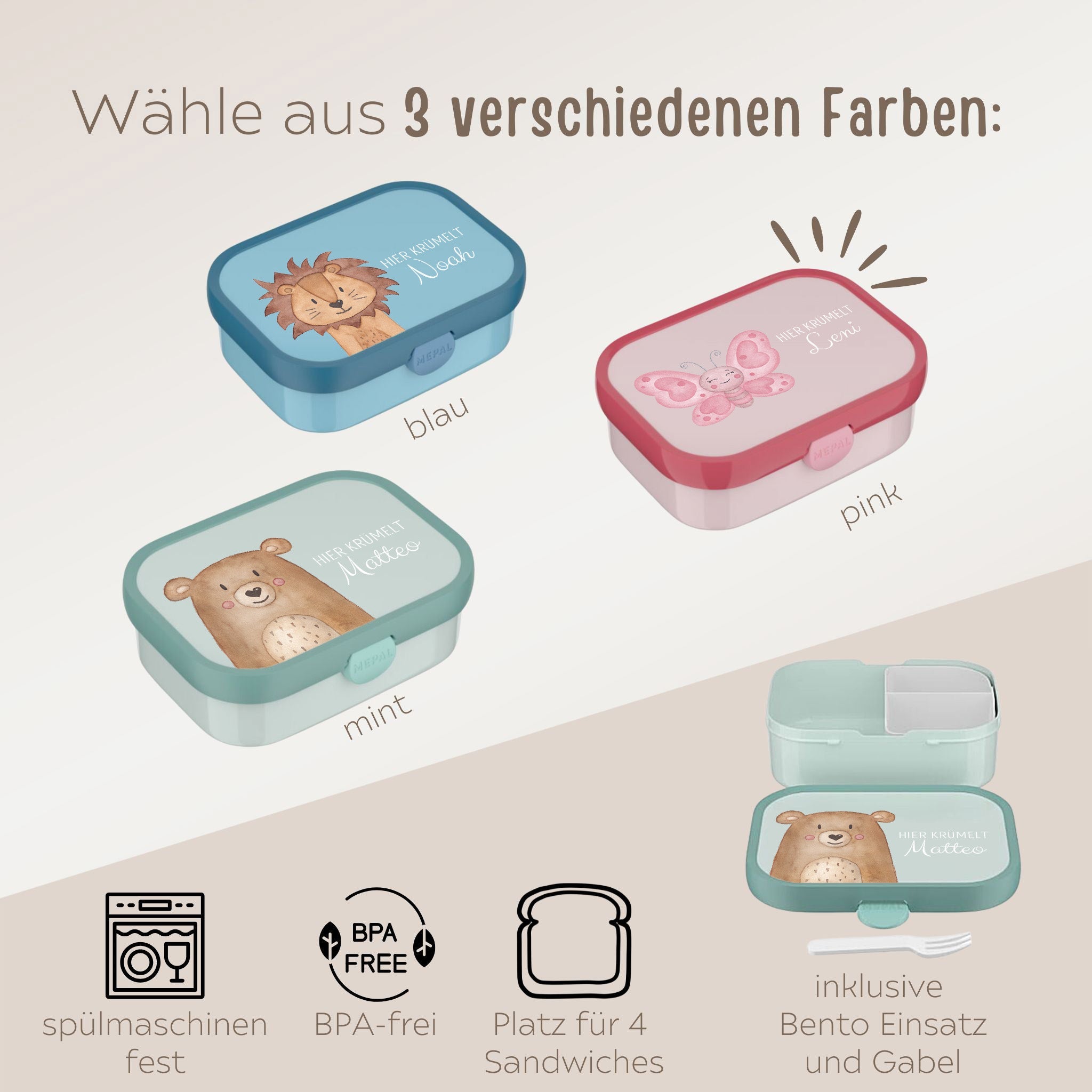 MEPAL Brotdose personalisiert mit Bento Einsatz - Tier Aquarell - wunderwunsch