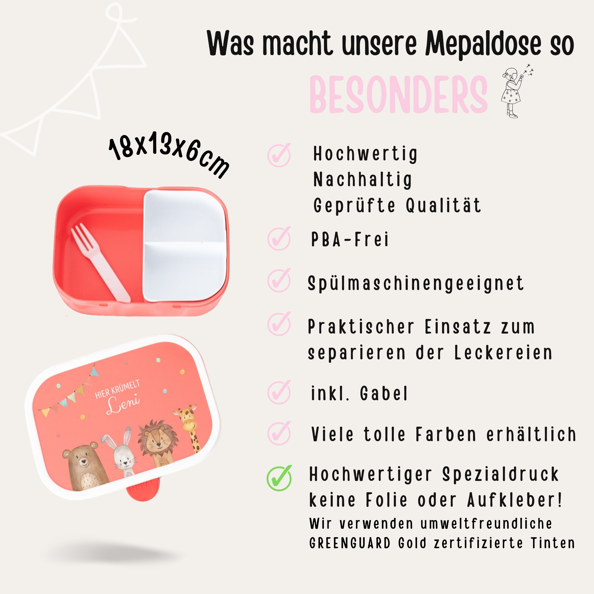 MEPAL Brotdose personalisiert mit Bento Einsatz - Tiere unten Girlande Aquarell - wunderwunsch