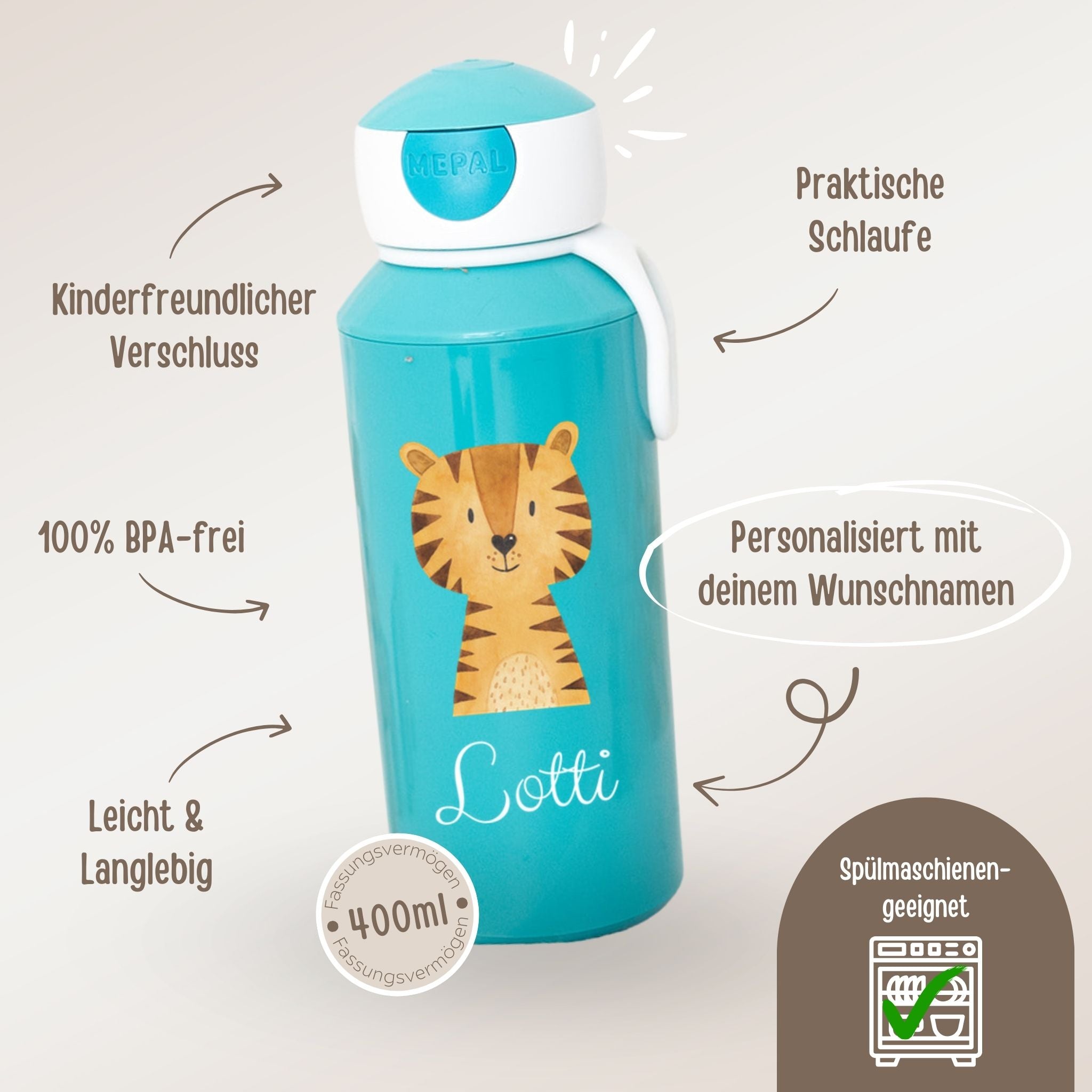 MEPAL Kinder Trinkflasche personalisiert - Tier Aquarell - wunderwunsch
